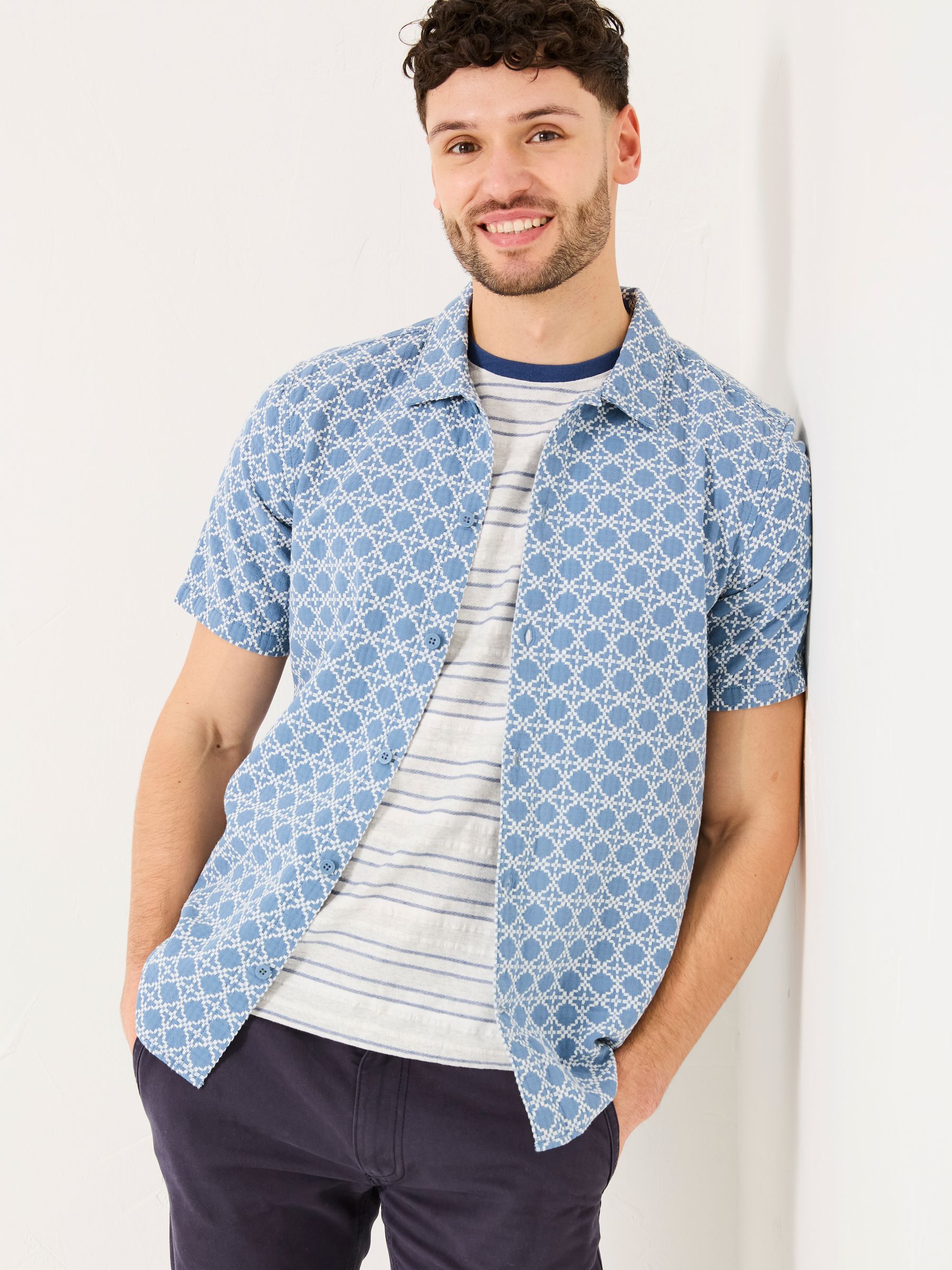 Blue Short Sleeve Embroidered Geo 100% Cotton Shirt - Image 2 of 9