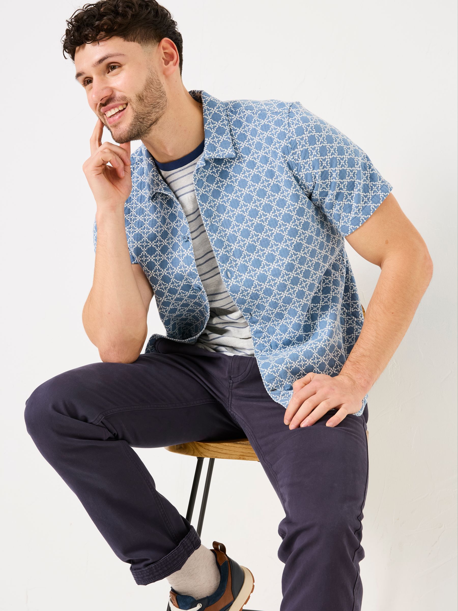 Blue Short Sleeve Embroidered Geo 100% Cotton Shirt - Image 4 of 9