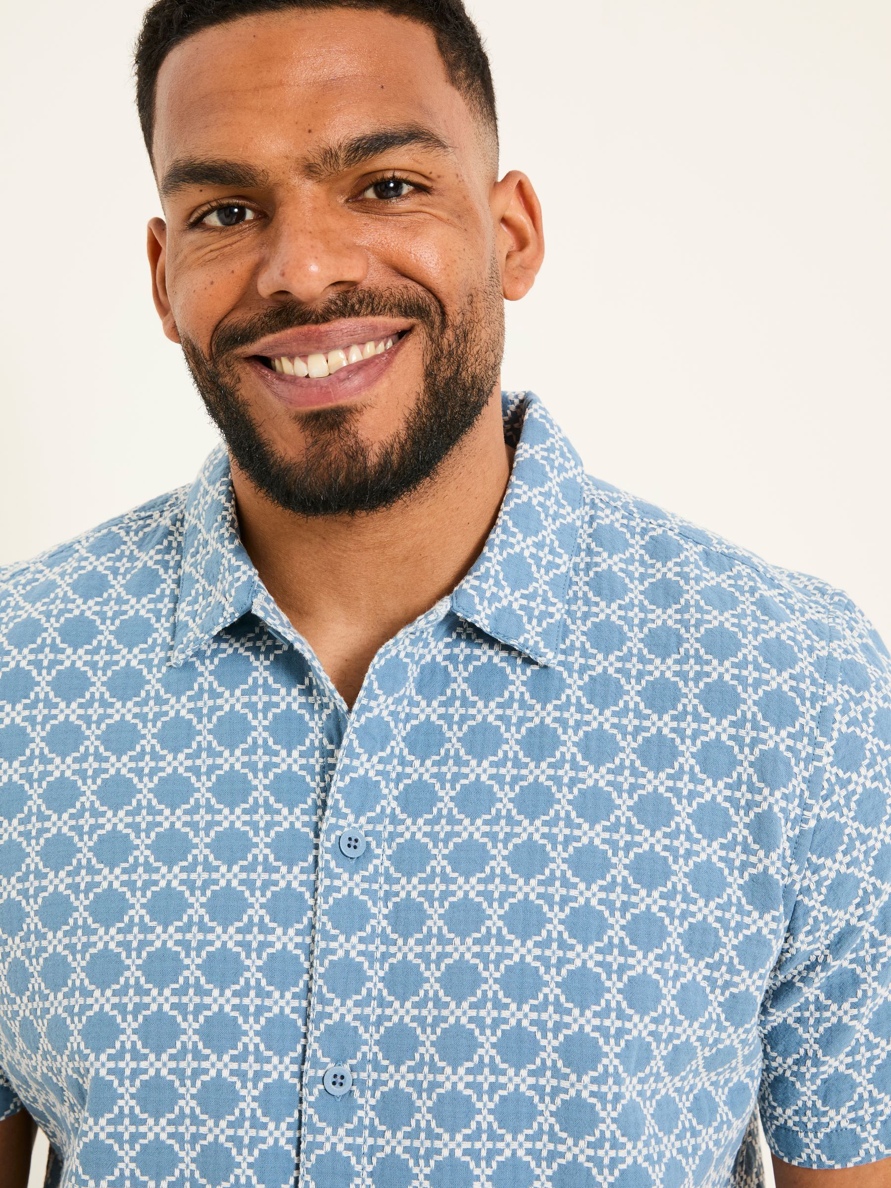 Blue Short Sleeve Embroidered Geo 100% Cotton Shirt - Image 7 of 9