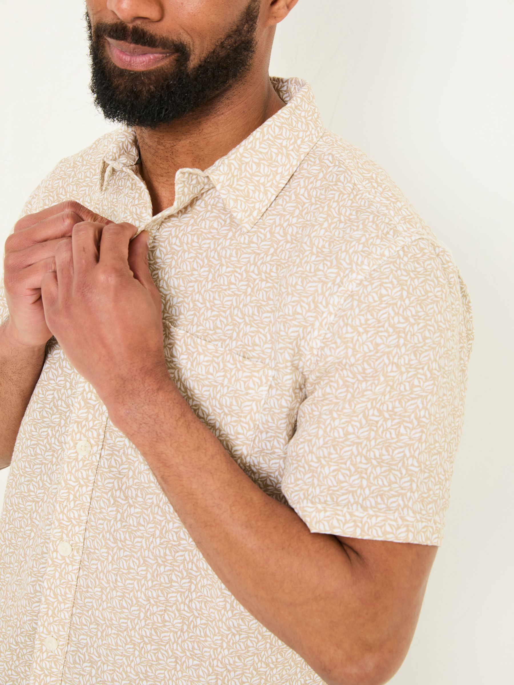 Natural Short Sleeve Linen Leaf Print 100% Linen Shirt - Image 4 of 6