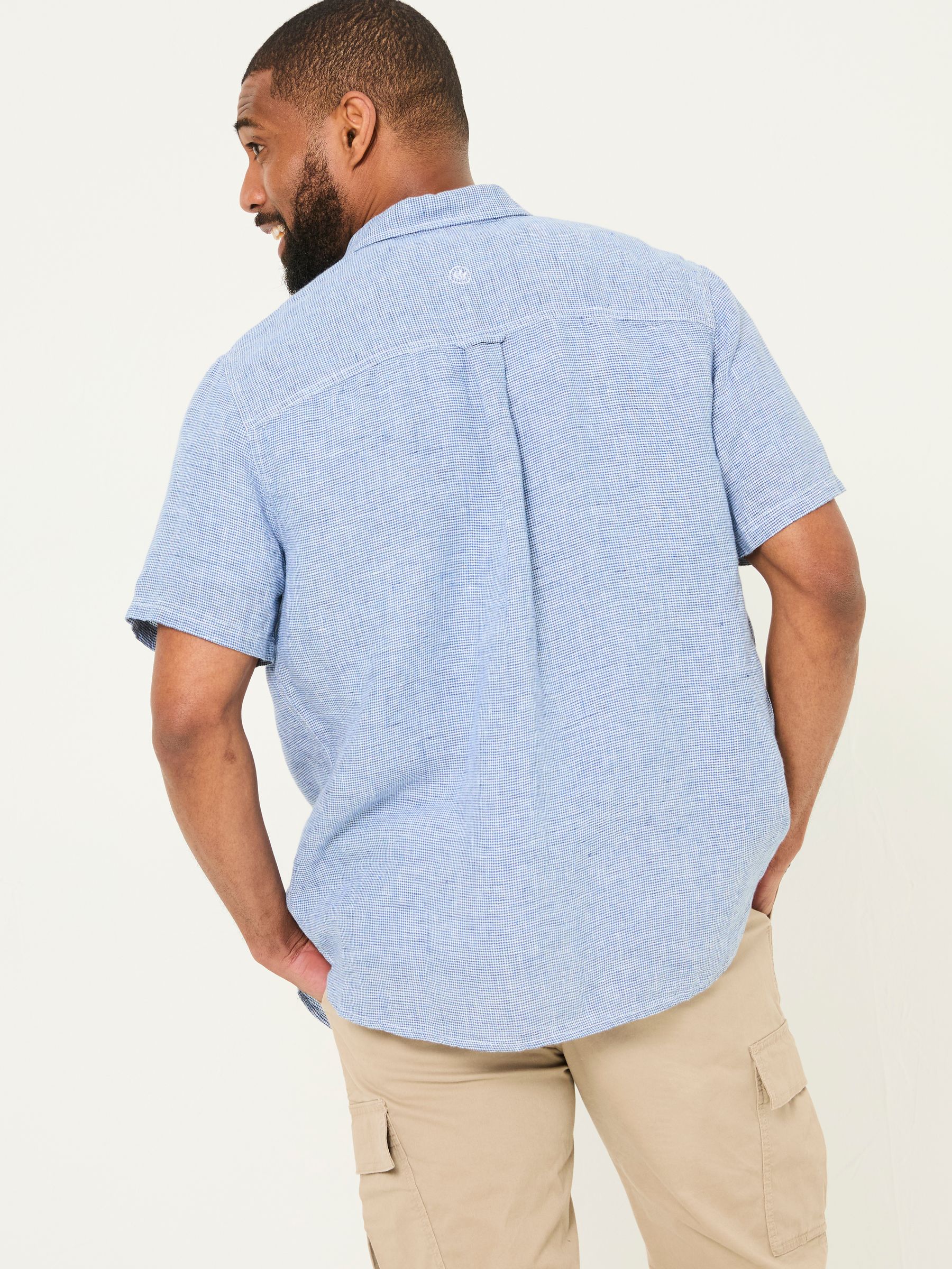 Blue Short Sleeve Micro Linen Check 100% Linen Shirt - Image 2 of 5