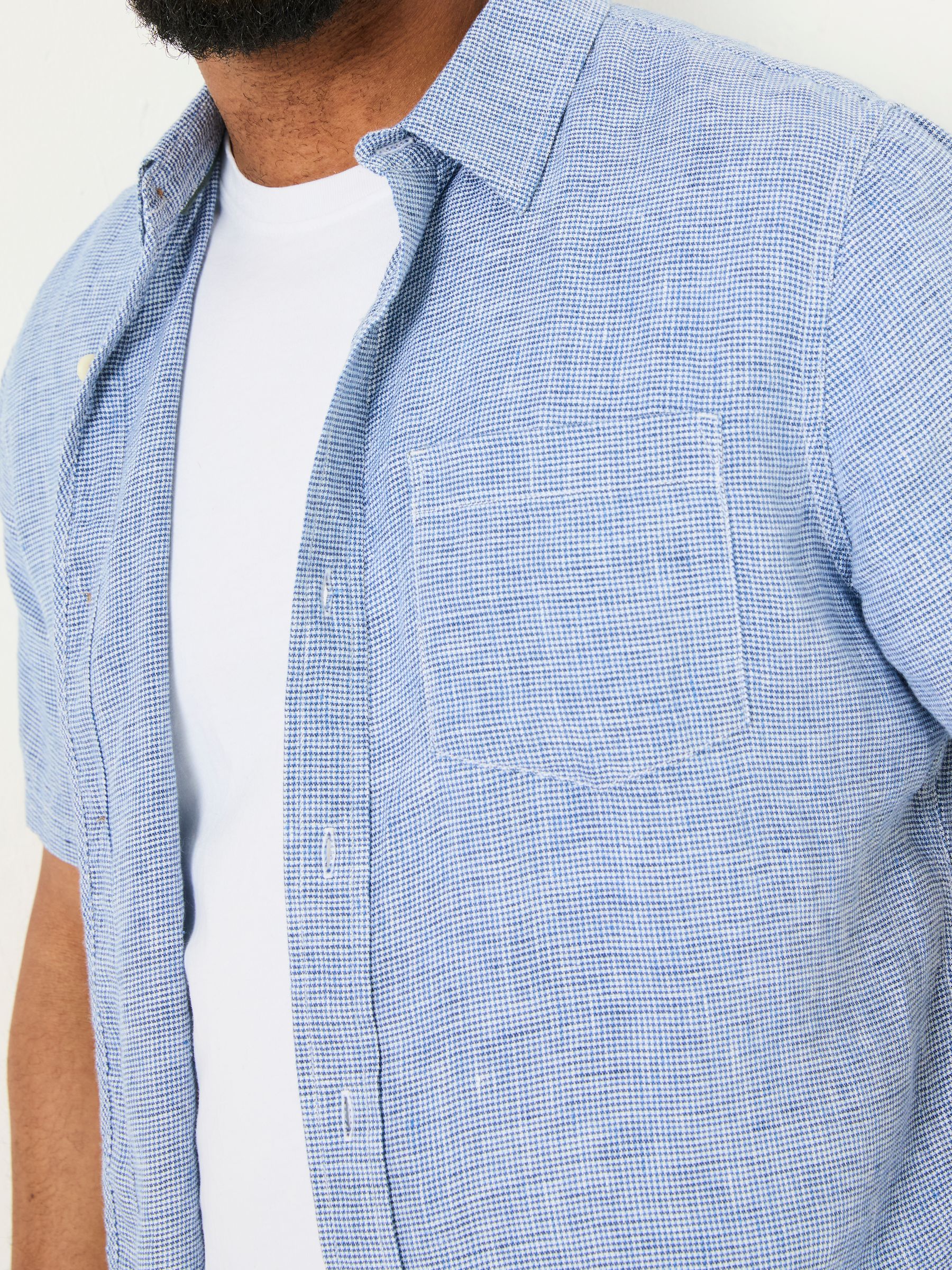 Blue Short Sleeve Micro Linen Check 100% Linen Shirt - Image 3 of 5