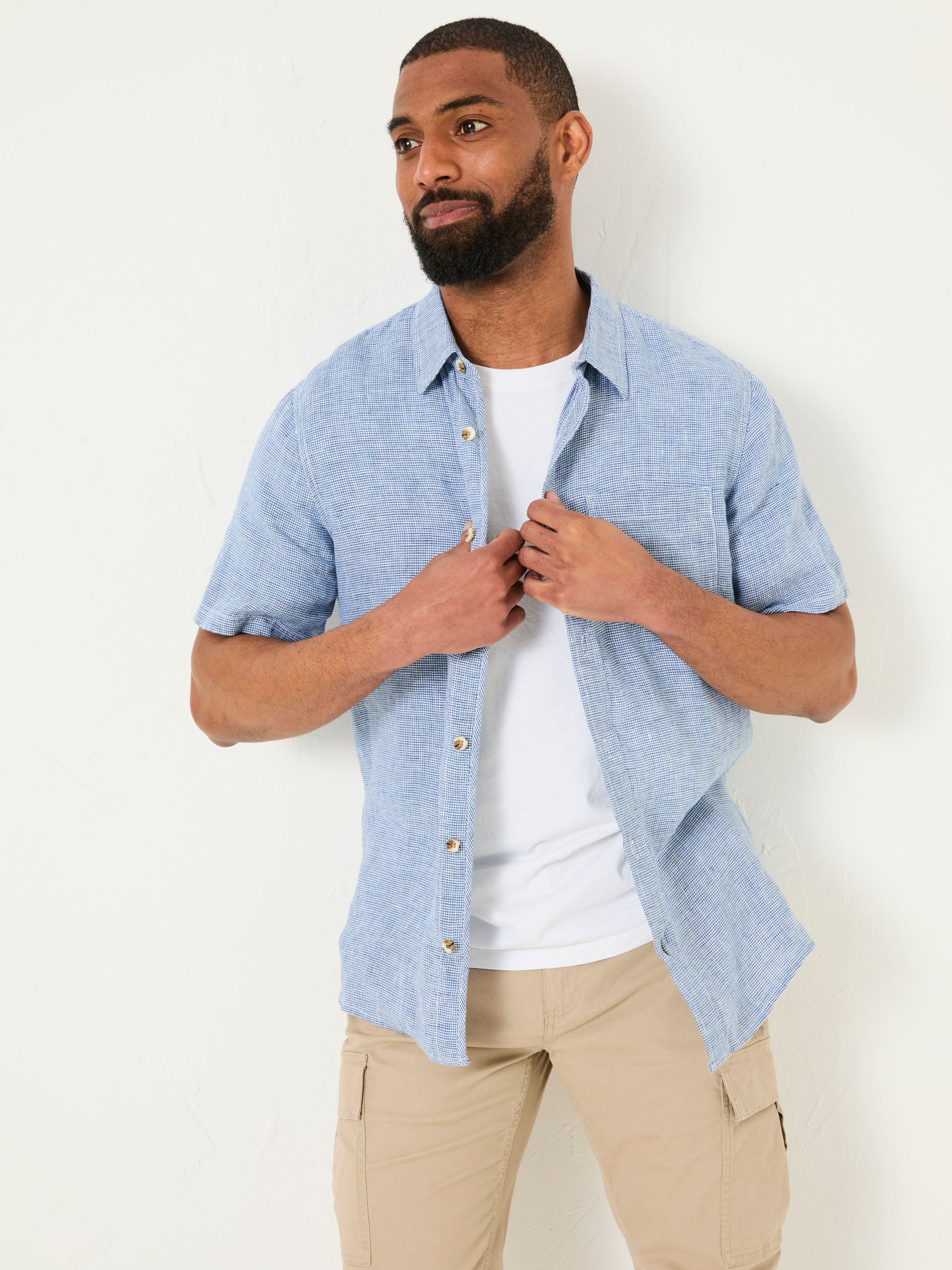 Blue Short Sleeve Micro Linen Check 100% Linen Shirt | FatFace USA