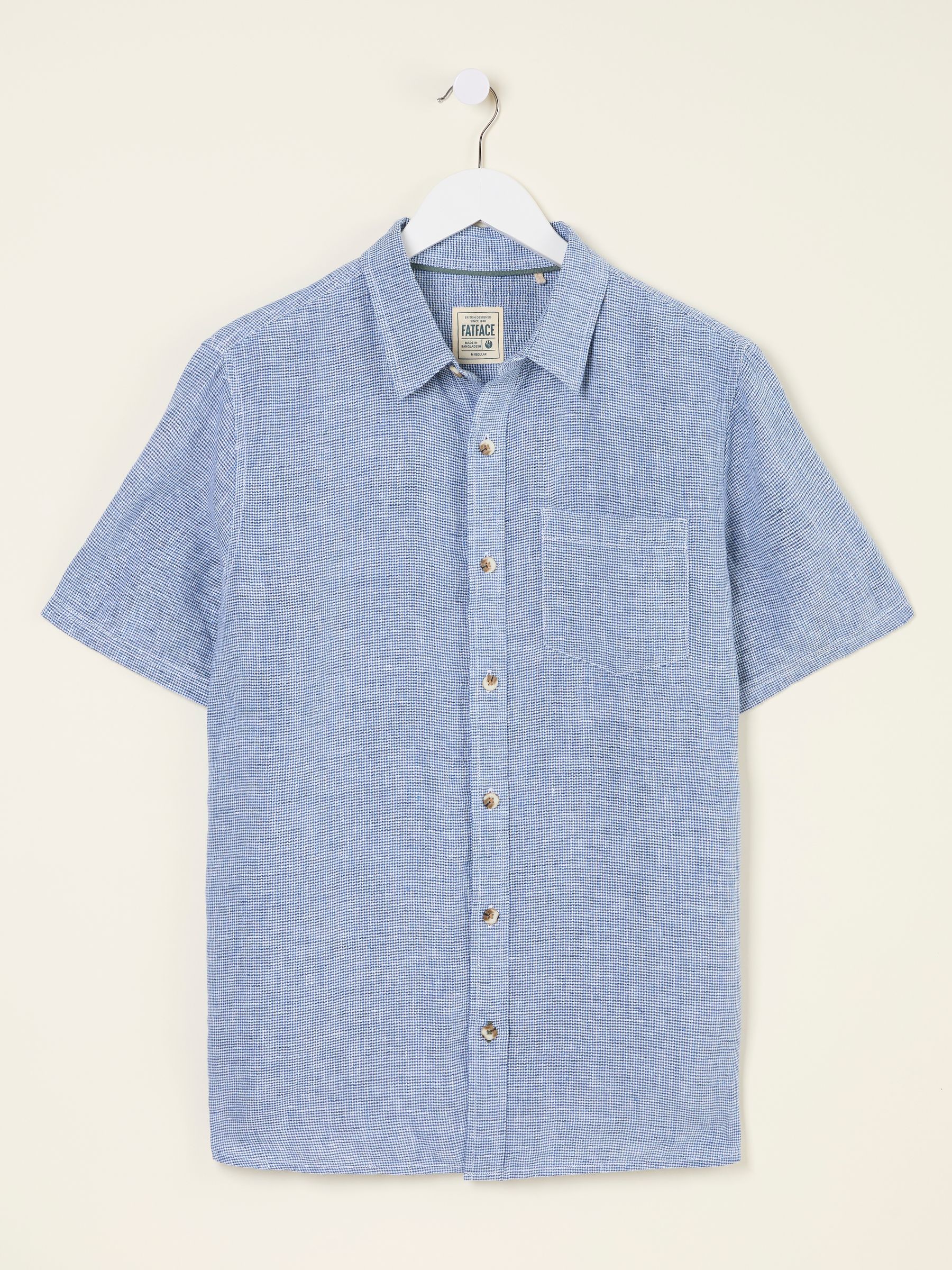 Blue Short Sleeve Micro Linen Check 100% Linen Shirt - Image 5 of 5