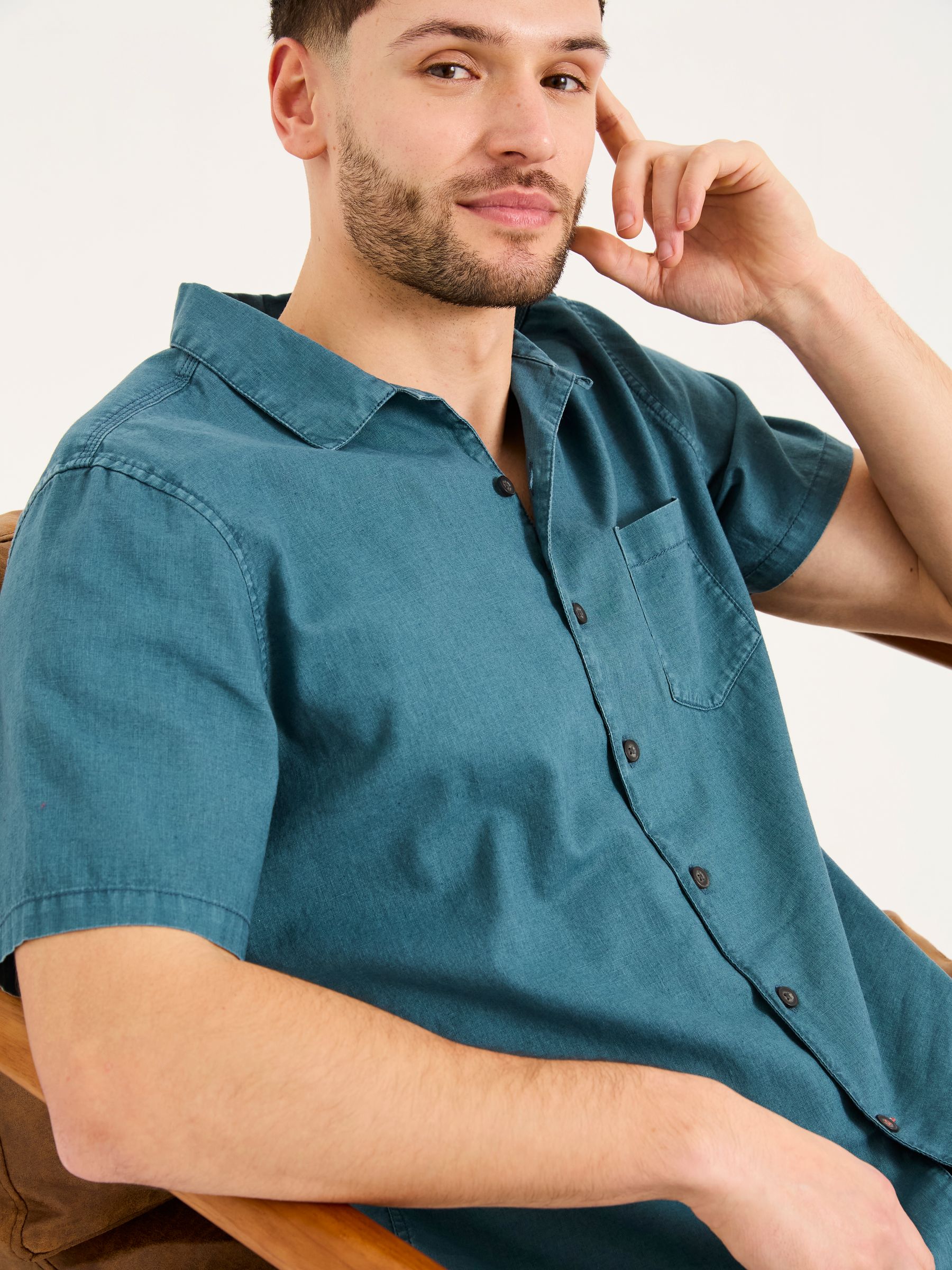 Bugle Dark Teal Blue Linen Cotton Shirt - Image 4 of 9