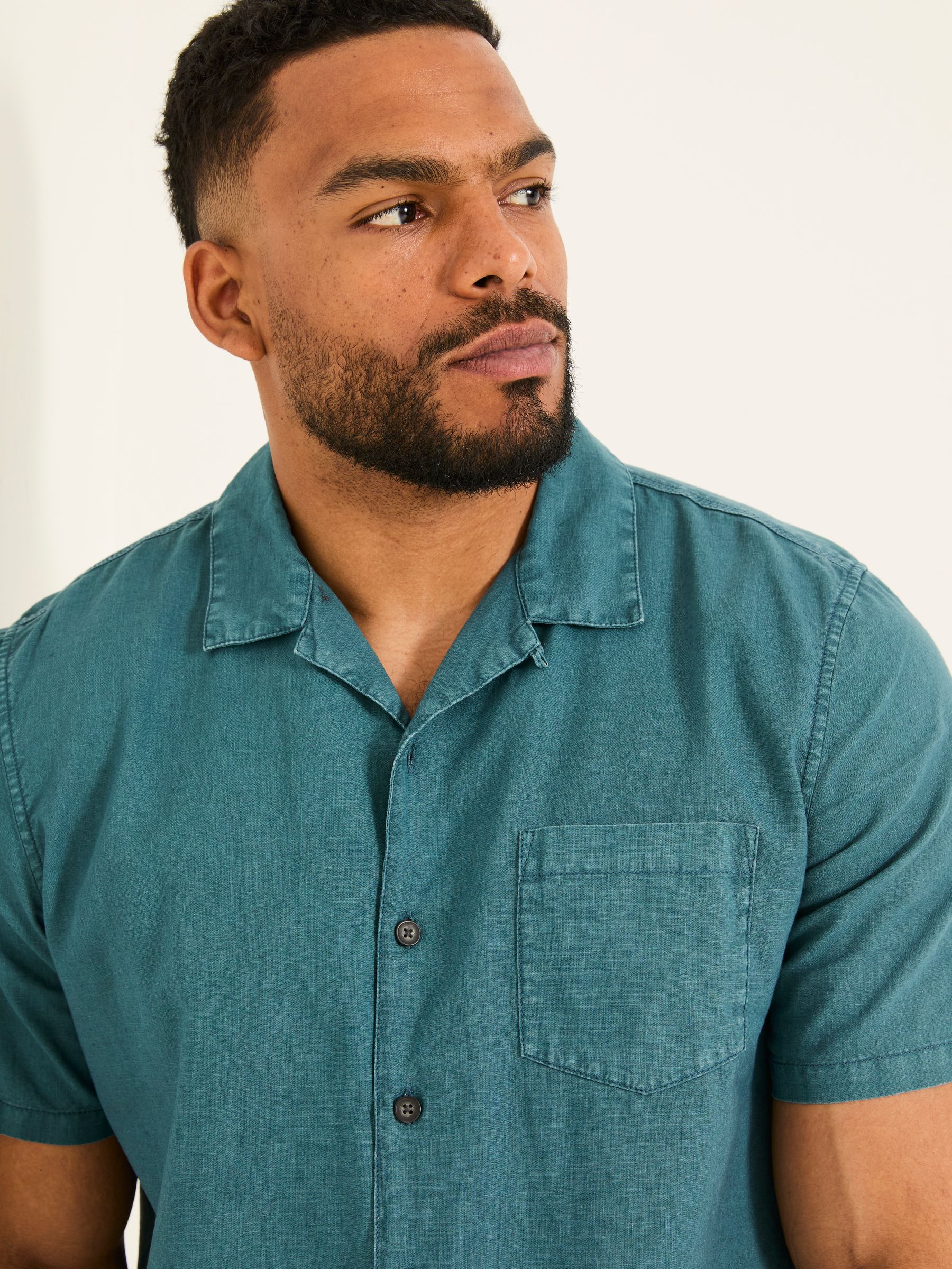Bugle Dark Teal Blue Linen Cotton Shirt - Image 6 of 9