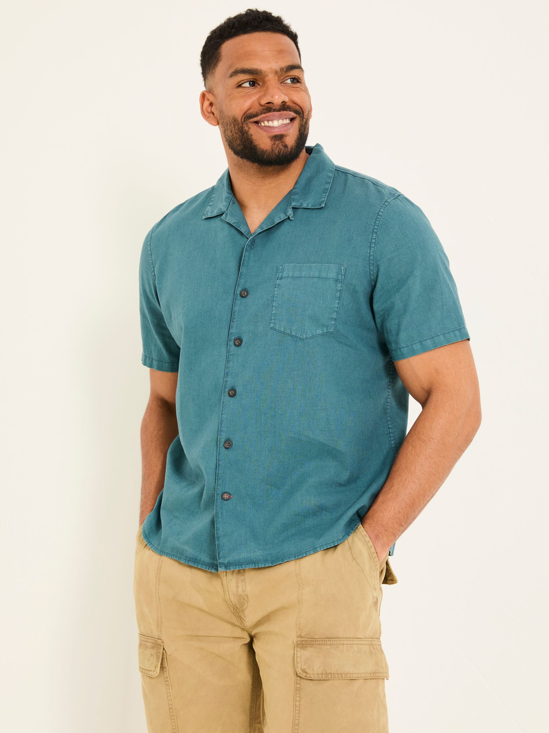 Bugle Dark Teal Blue Linen Cotton Shirt - Image 7 of 9