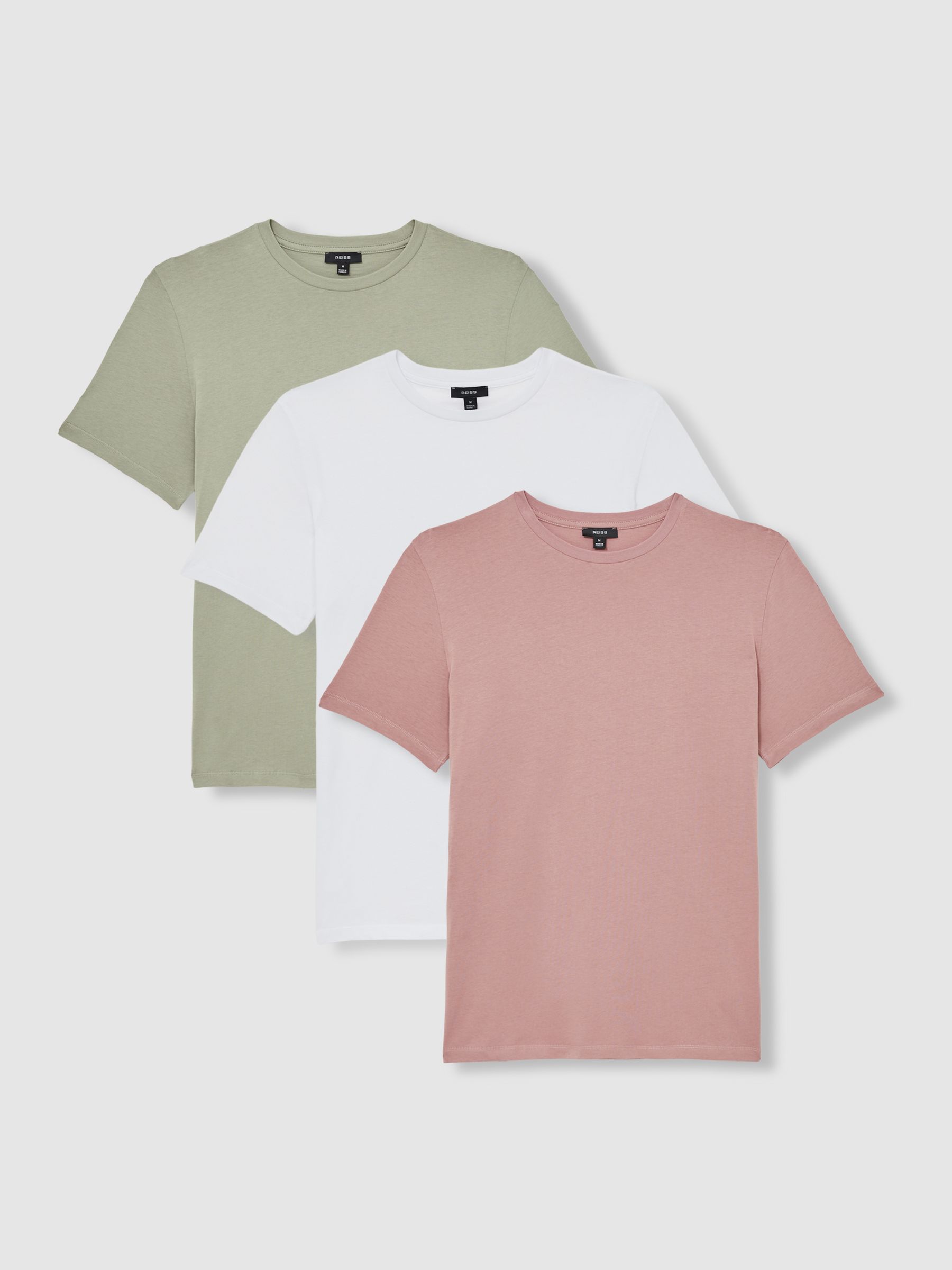 Cotton Crew-Neck T-Shirts 3 Pack in White/Dusty Rose/Pistachio - Image 1 of 8