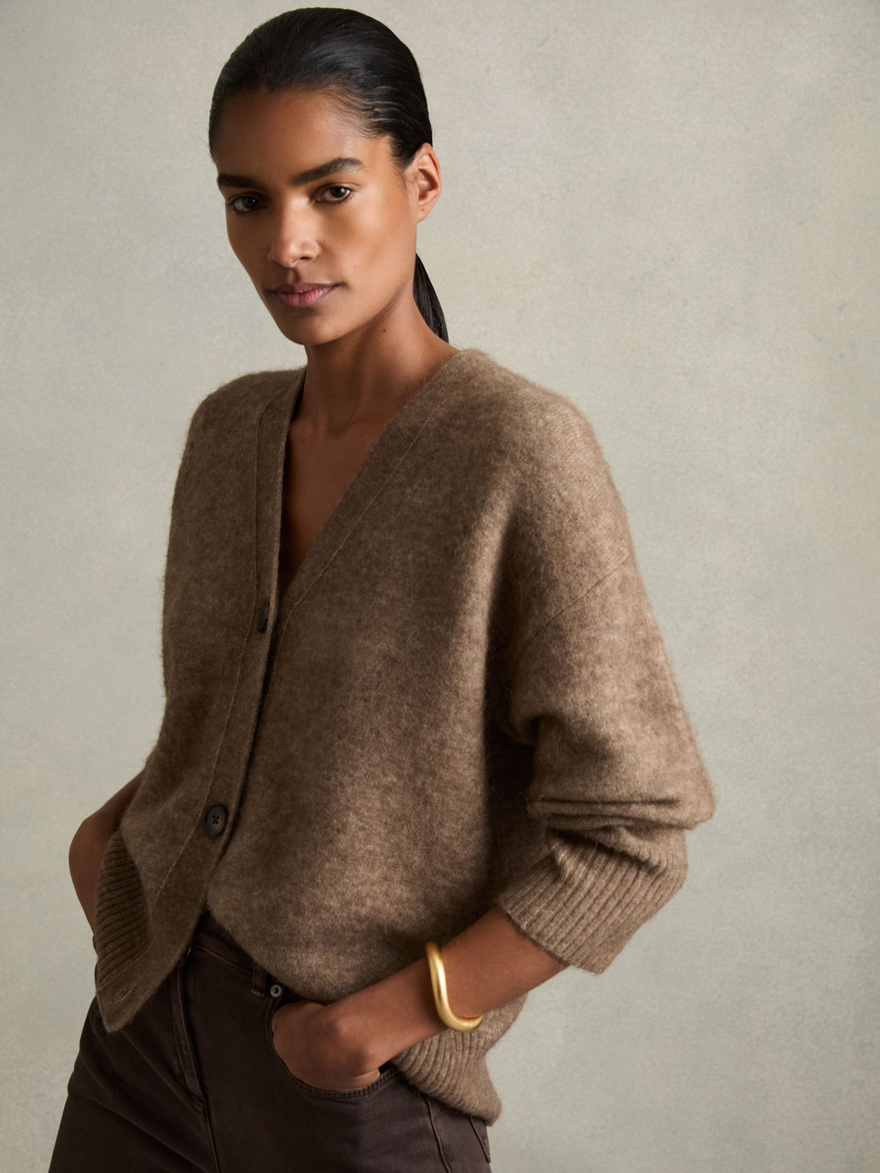 Alpaca Wool-Blend Brushed Cardigan in Mink - Image 1 of 6