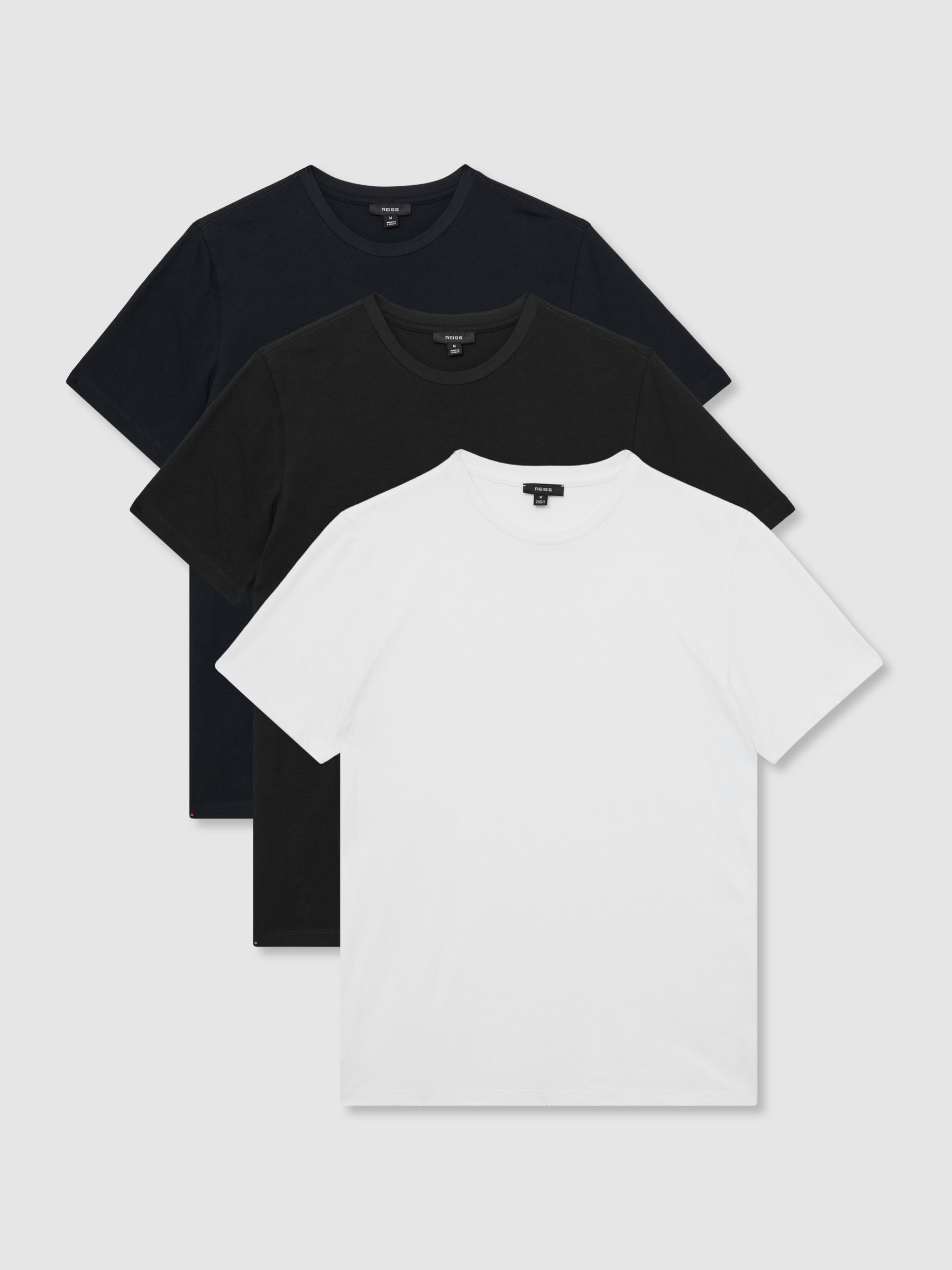 Cotton Crew-Neck T-Shirts 3 Pack in White/Black/Navy - Image 1 of 7