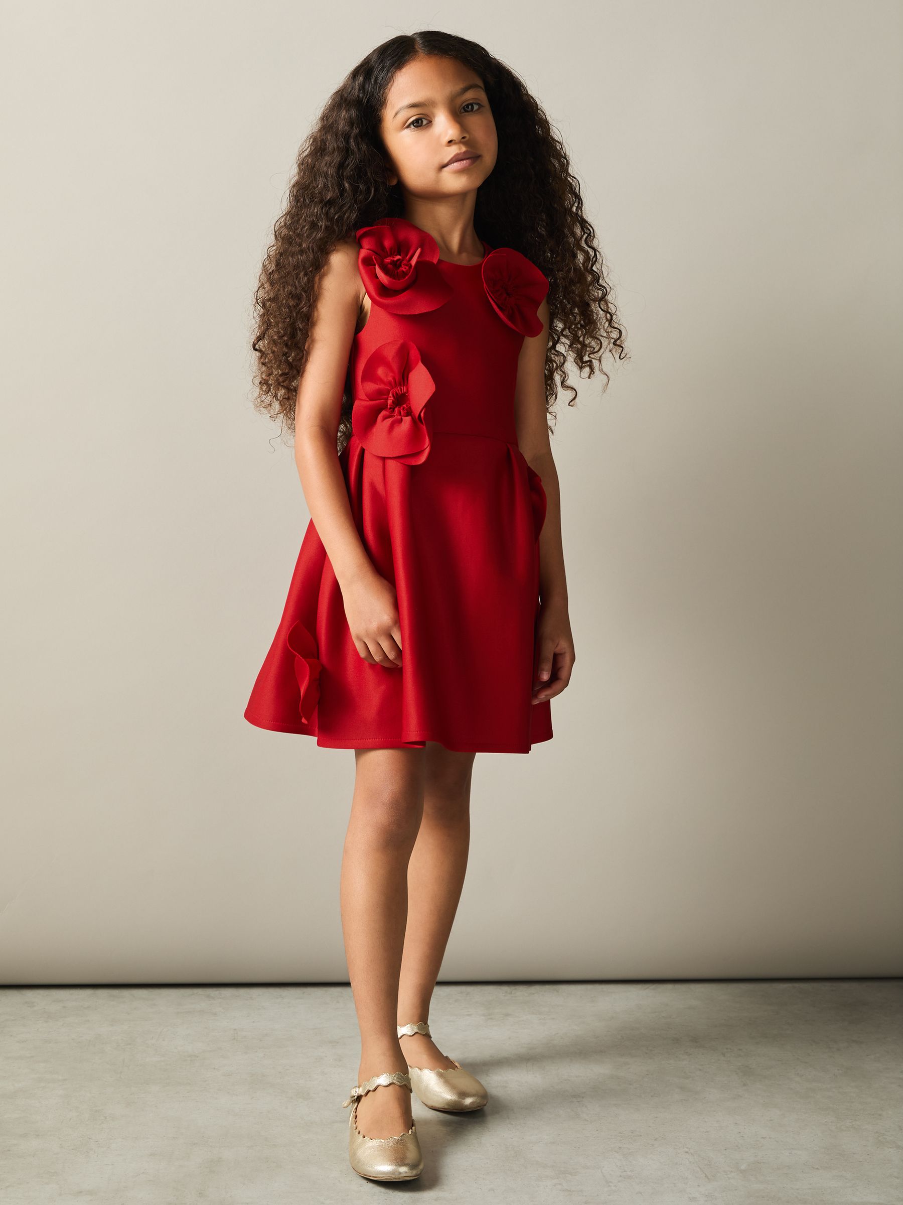 13-14 yrs Scuba 3D-Flowers Flared Dress in Red - Image 3 of 4