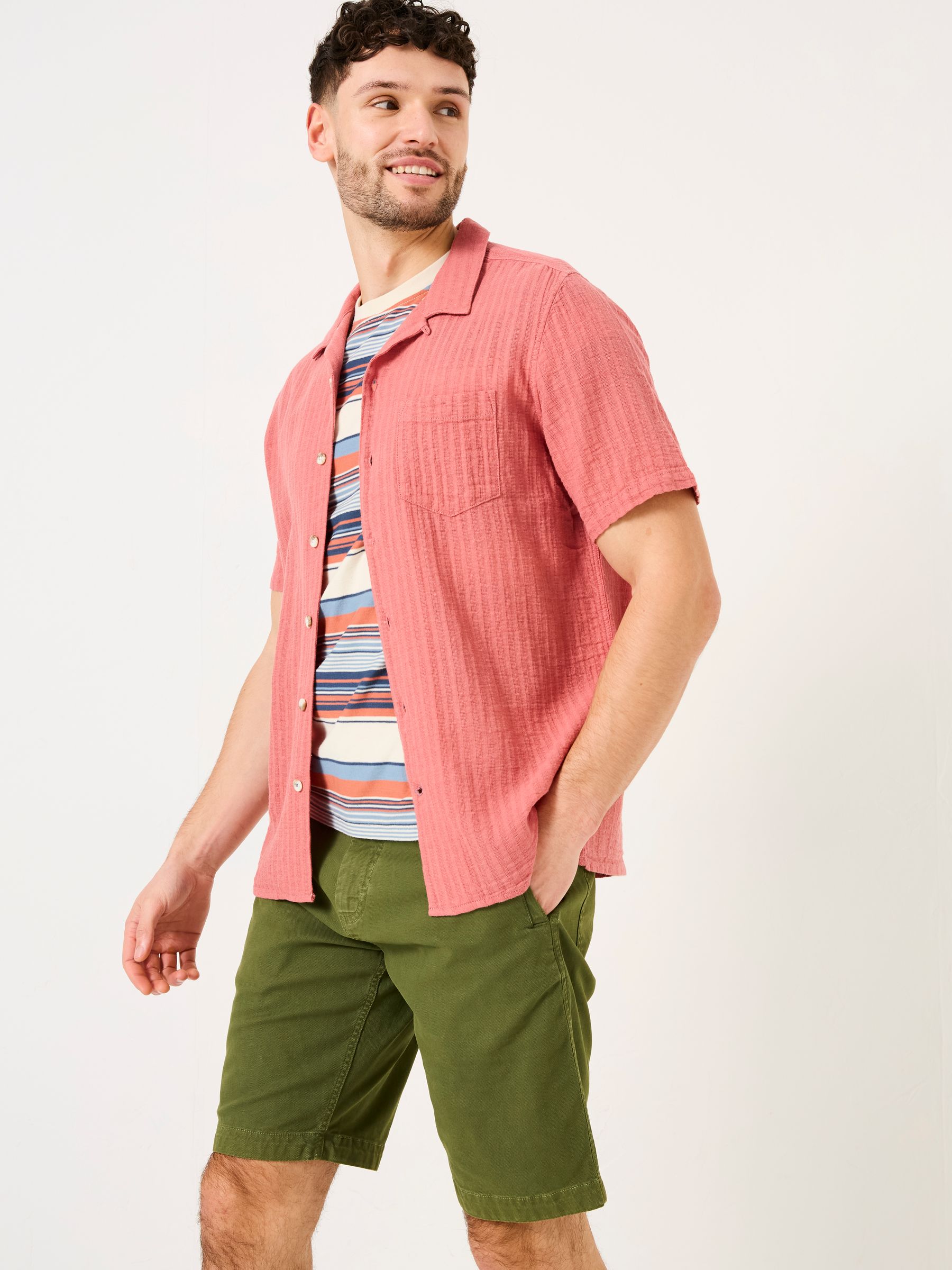 Bugle Terracotta Short Sleeve Self Stripe Linen Cotton Shirt - Image 1 of 6
