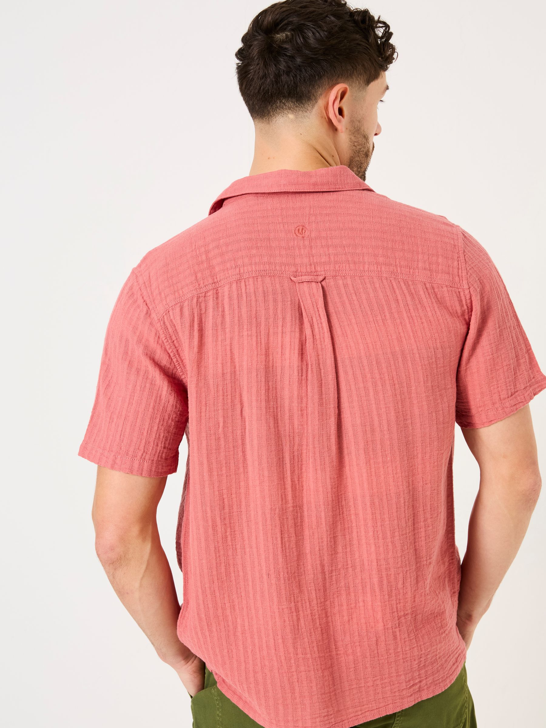 Bugle Terracotta Short Sleeve Self Stripe Linen Cotton Shirt - Image 2 of 6