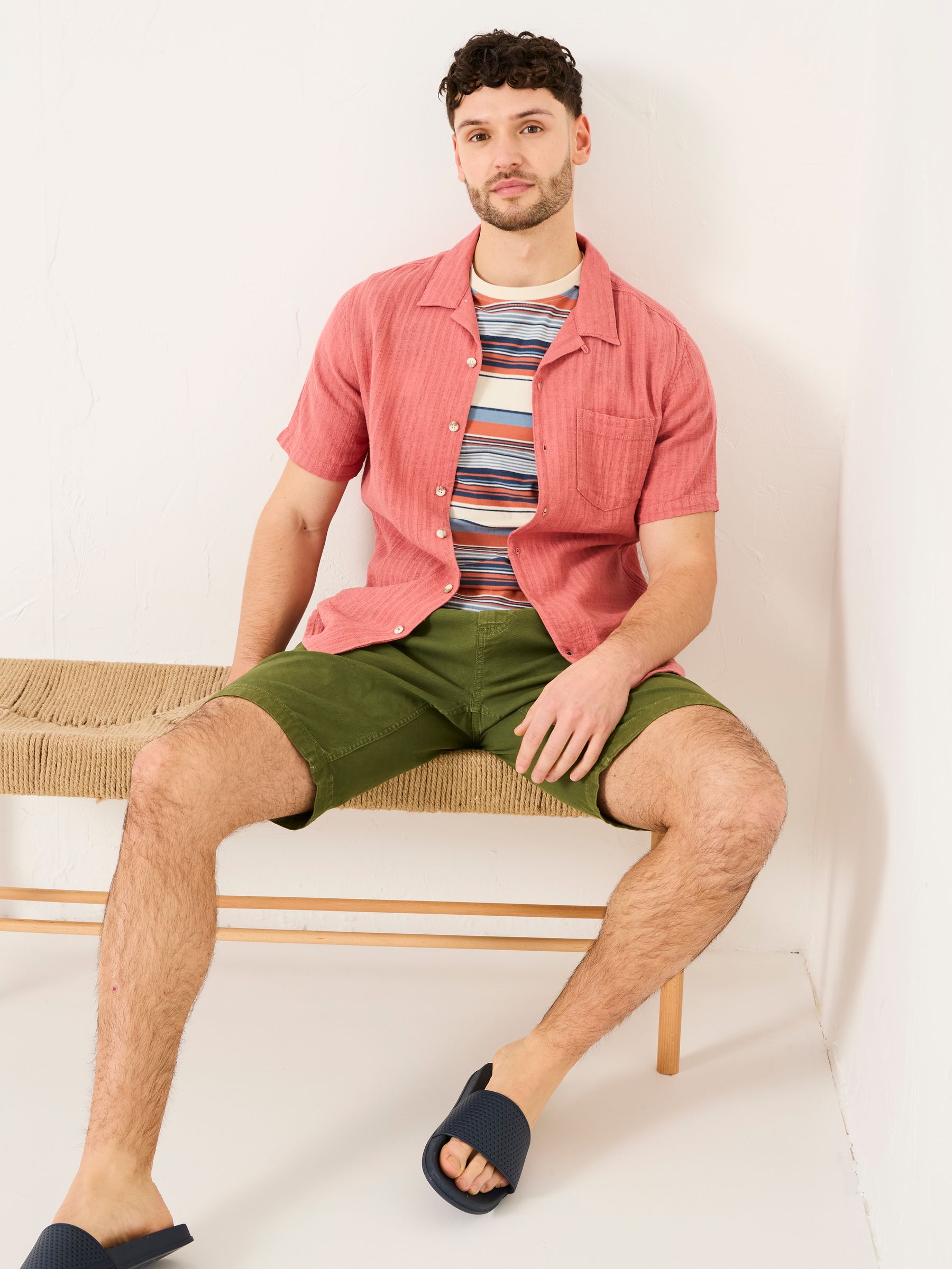 Bugle Terracotta Short Sleeve Self Stripe Linen Cotton Shirt - Image 3 of 6