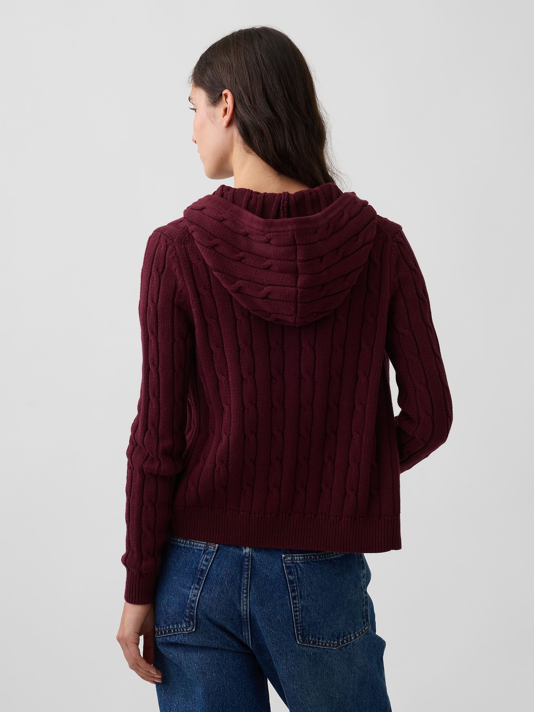 Burgundy Red Cable-Knit Zip-Up Cardigan - Image 2 of 4 Burgundy Red Cable-Knit Zip-Up Cardigan - Image 2 of 4