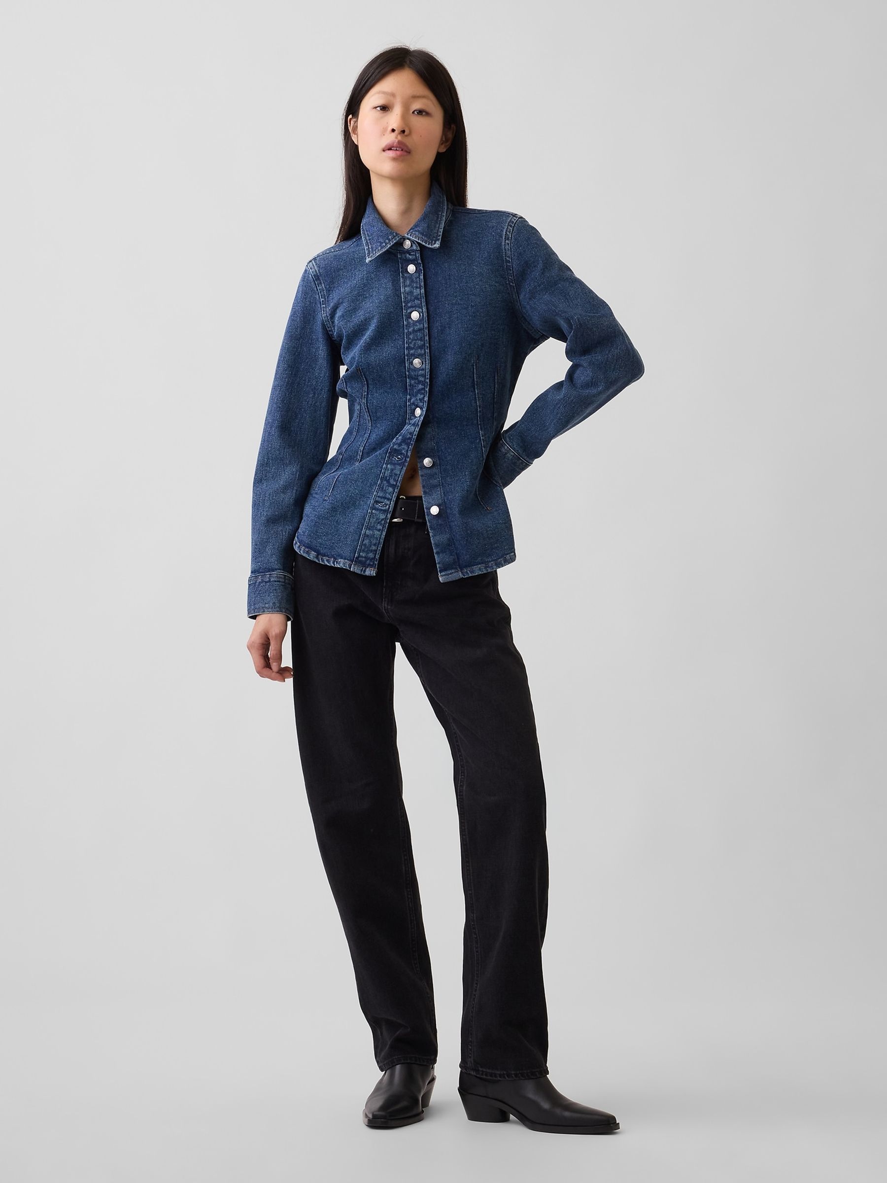 Dark Wash Denim Fitted Shirt - Image 3 of 4