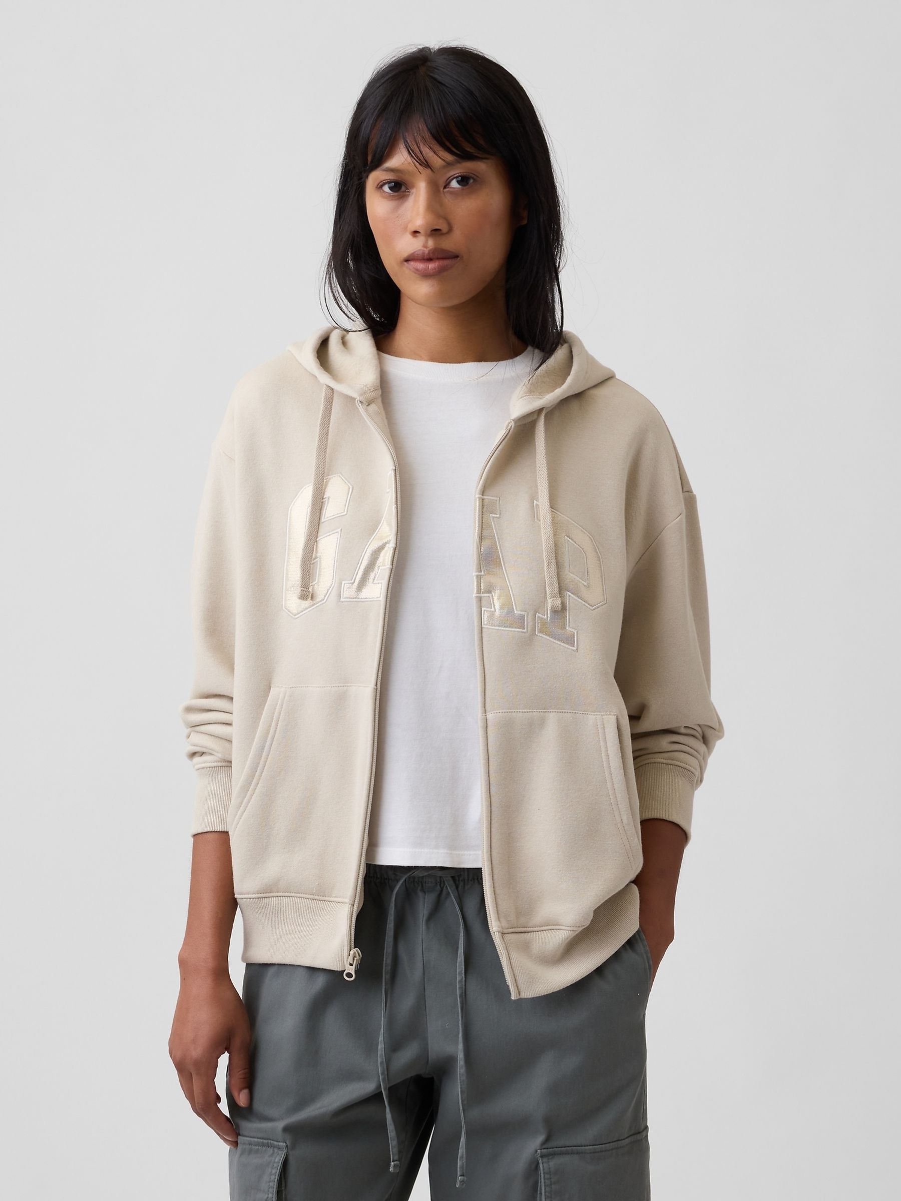 Cream/Gold Relaxed Logo Zip-Up Hoodie - Image 1 of 5 Cream/Gold Relaxed Logo Zip-Up Hoodie - Image 1 of 5