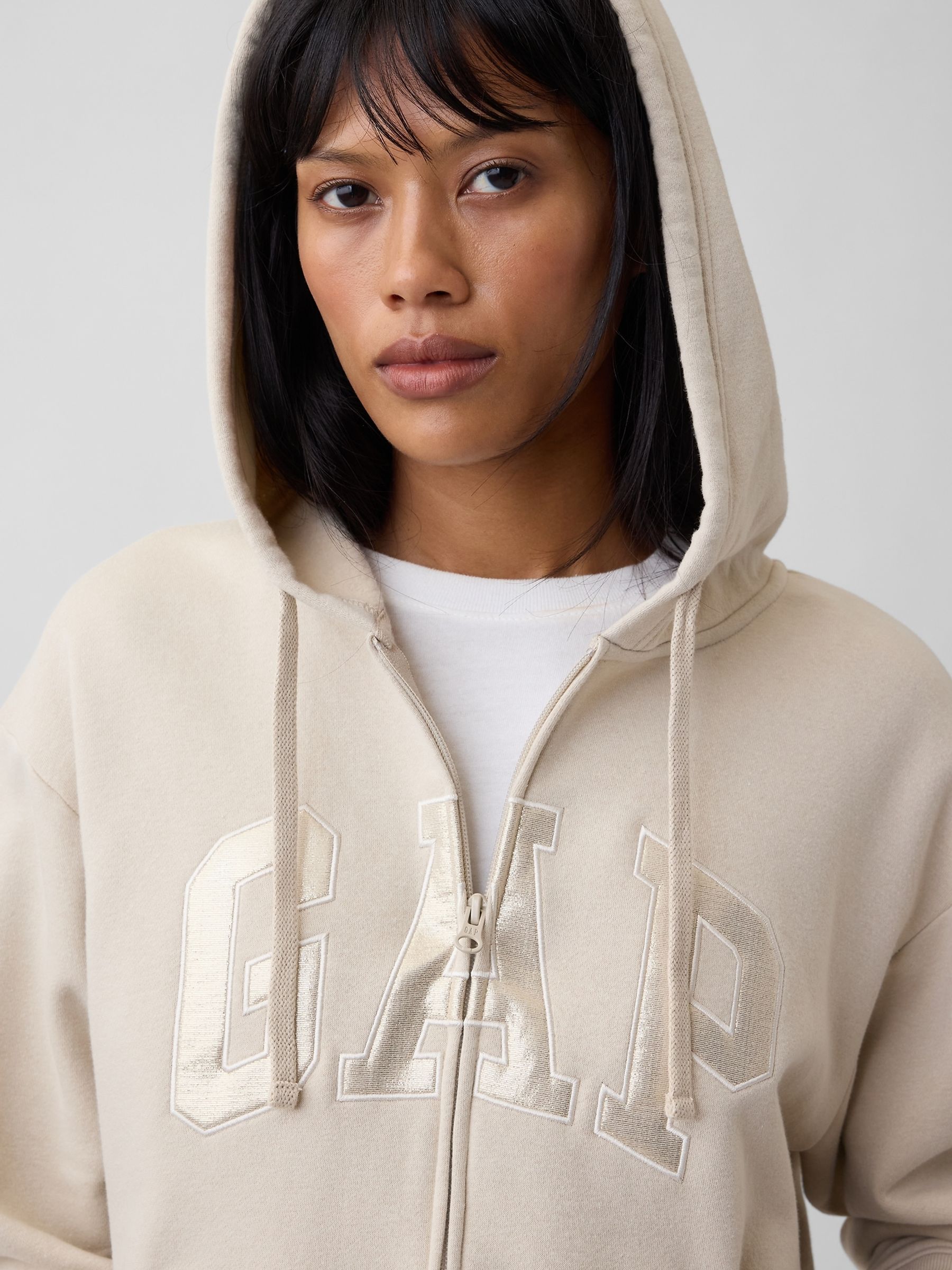 Cream/Gold Relaxed Logo Zip-Up Hoodie - Image 4 of 5