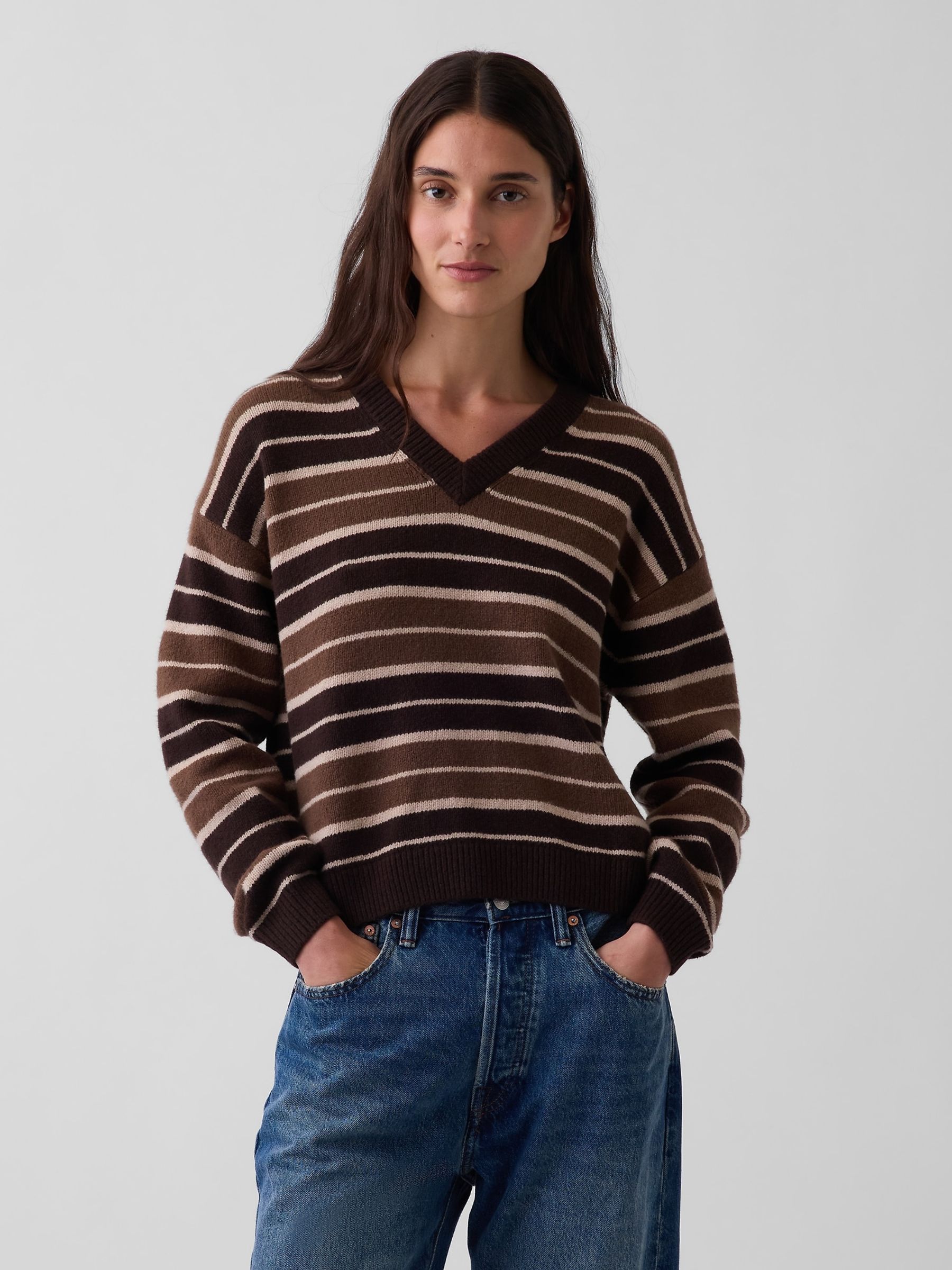 Brown/Black Stripe CashSoft Oversized V-Neck Jumper - Image 1 of 4 Brown/Black Stripe CashSoft Oversized V-Neck Jumper - Image 1 of 4