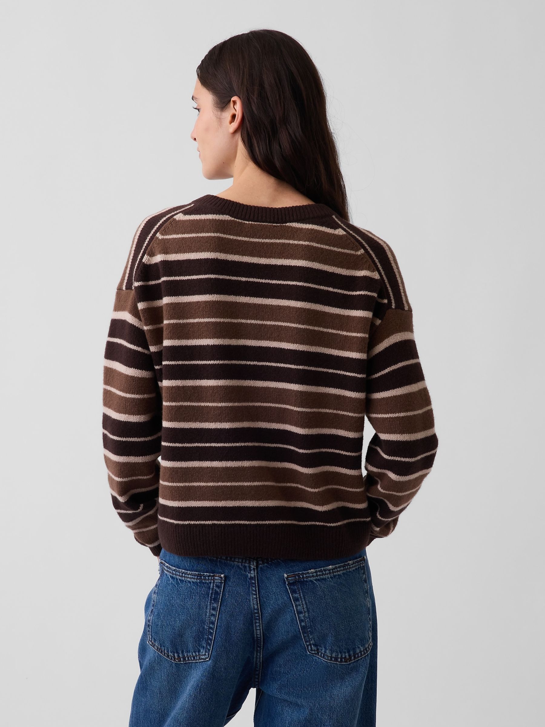 Brown/Black Stripe CashSoft Oversized V-Neck Jumper - Image 2 of 4 Brown/Black Stripe CashSoft Oversized V-Neck Jumper - Image 2 of 4