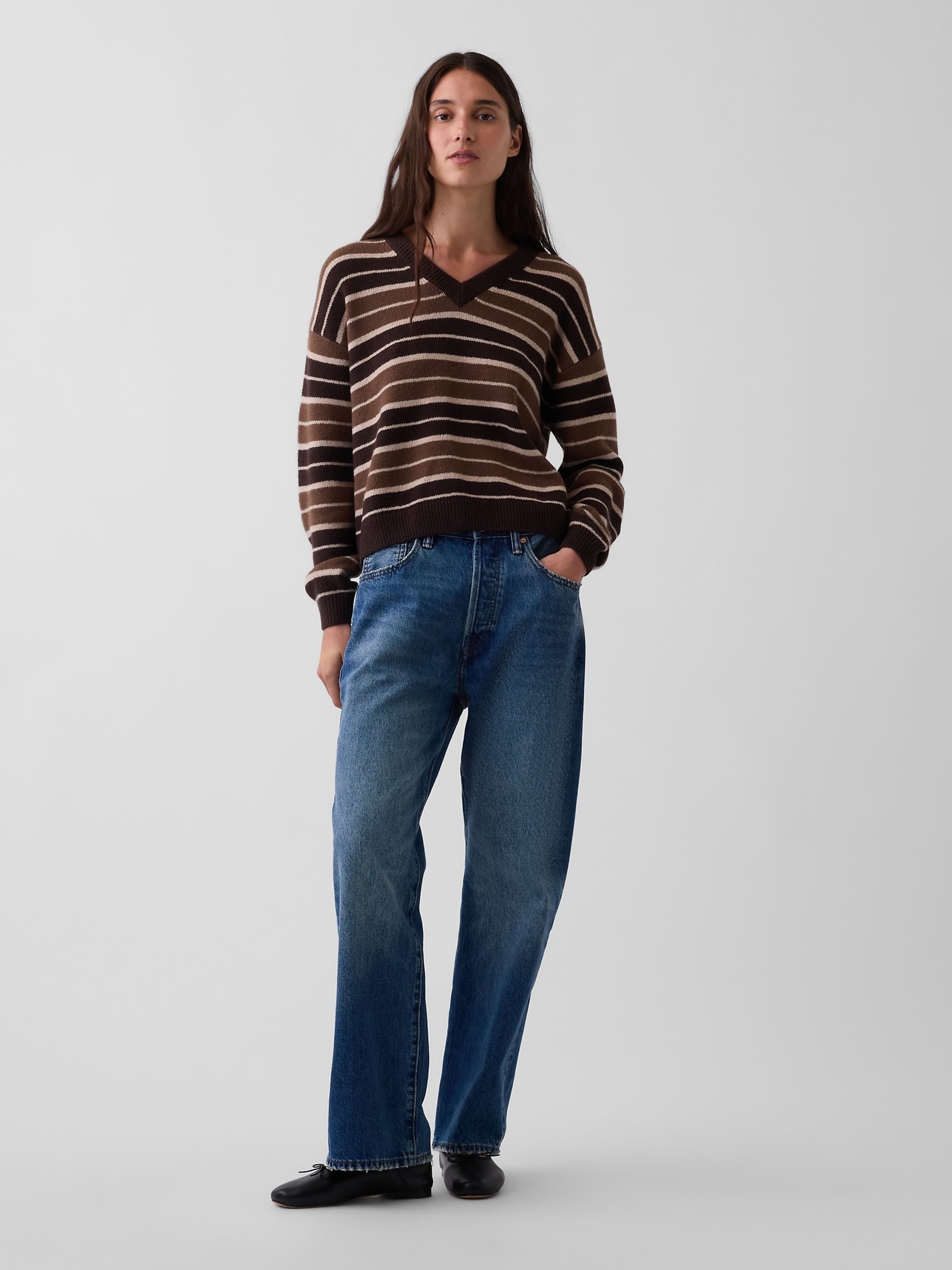 Brown/Black Stripe CashSoft Oversized V-Neck Jumper - Image 3 of 4