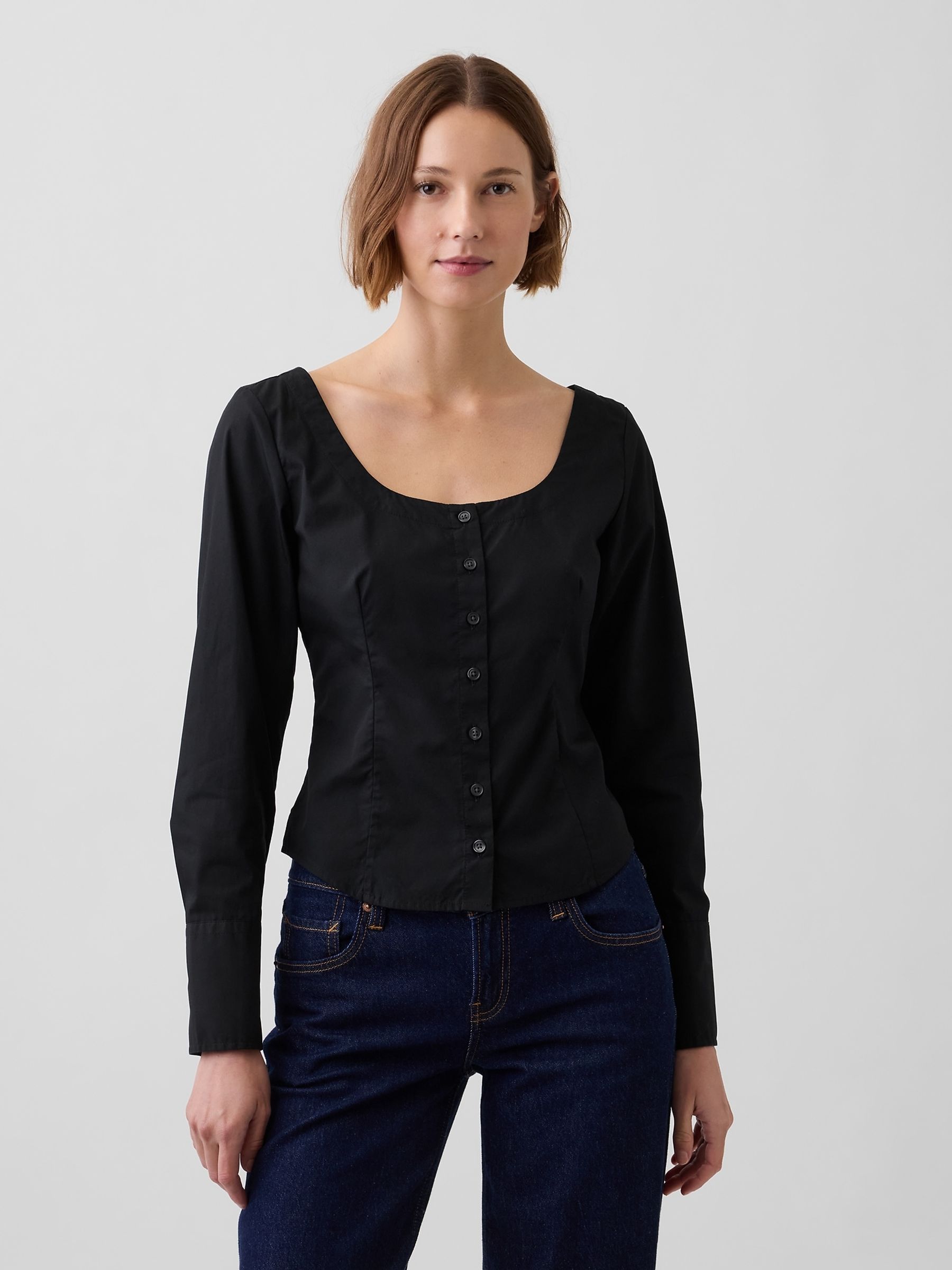 Black Poplin Scoop Neck Top - Image 1 of 4