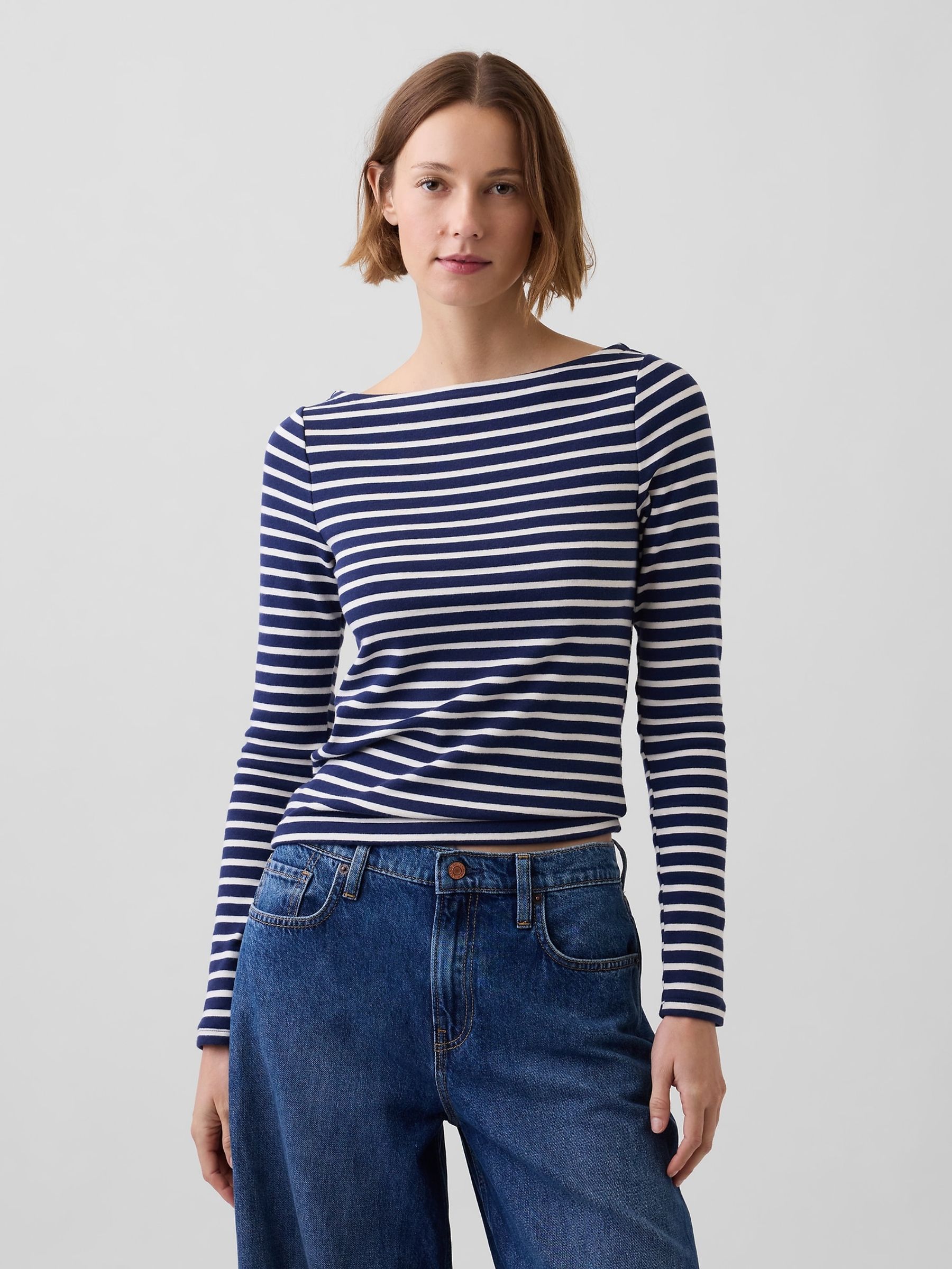 Blue Stripe Modern Boat Neck Long Sleeve T-Shirt - Image 1 of 3