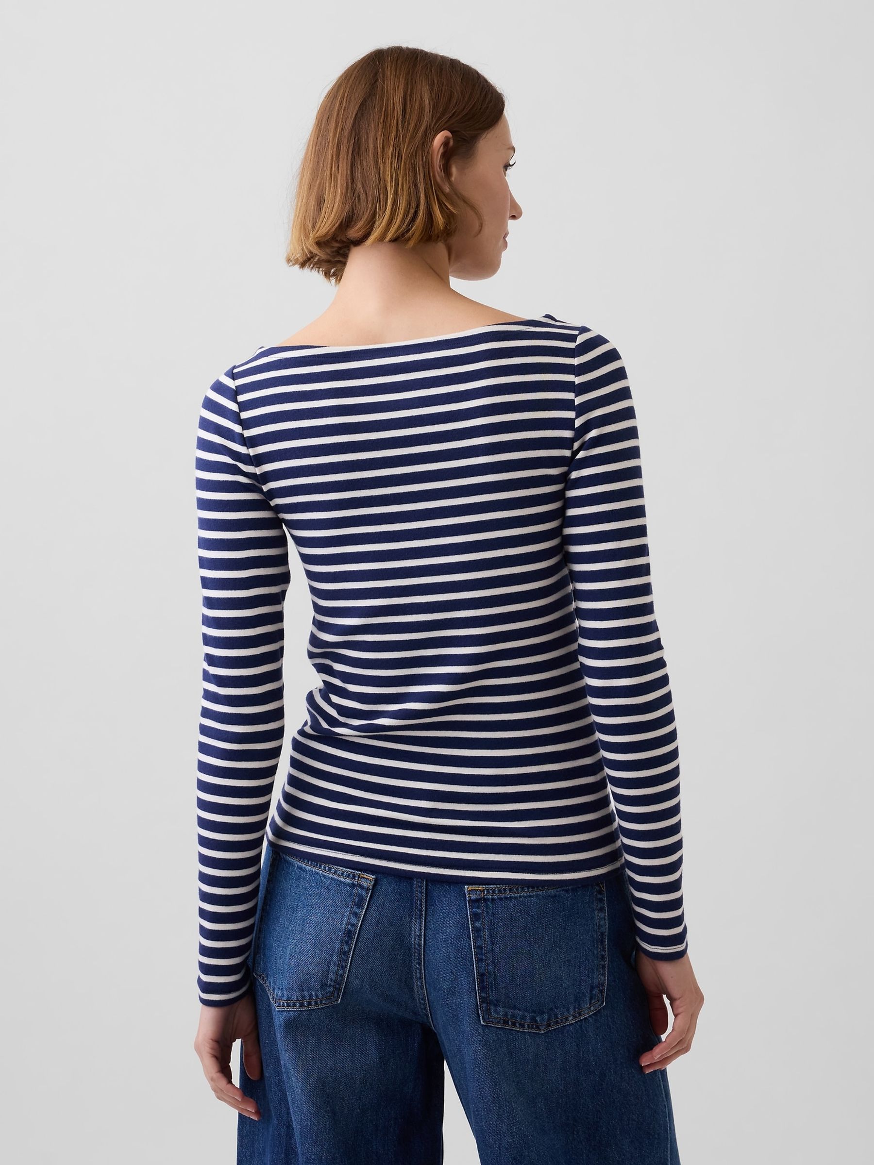Blue Stripe Modern Boat Neck Long Sleeve T-Shirt - Image 2 of 3