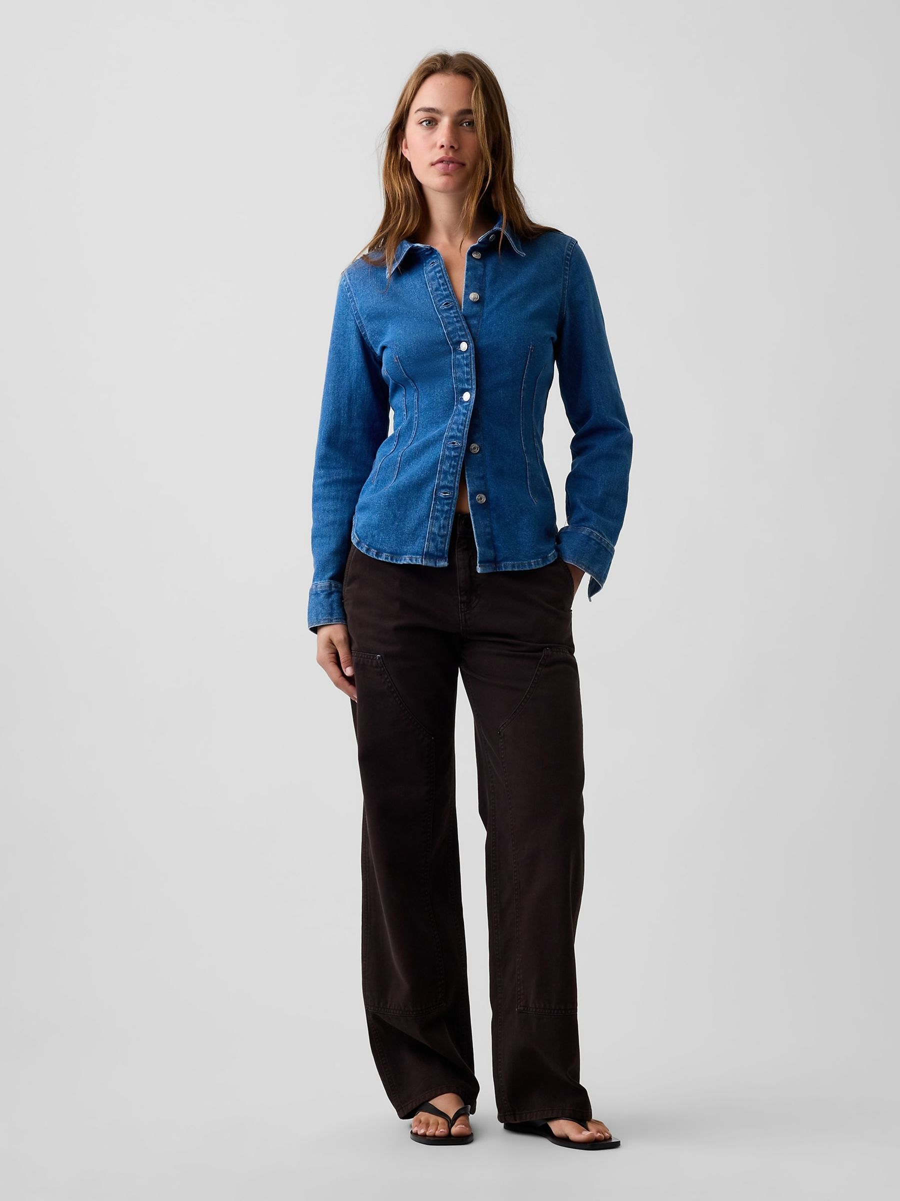 Medium Wash Denim Fitted Shirt - Image 3 of 4
