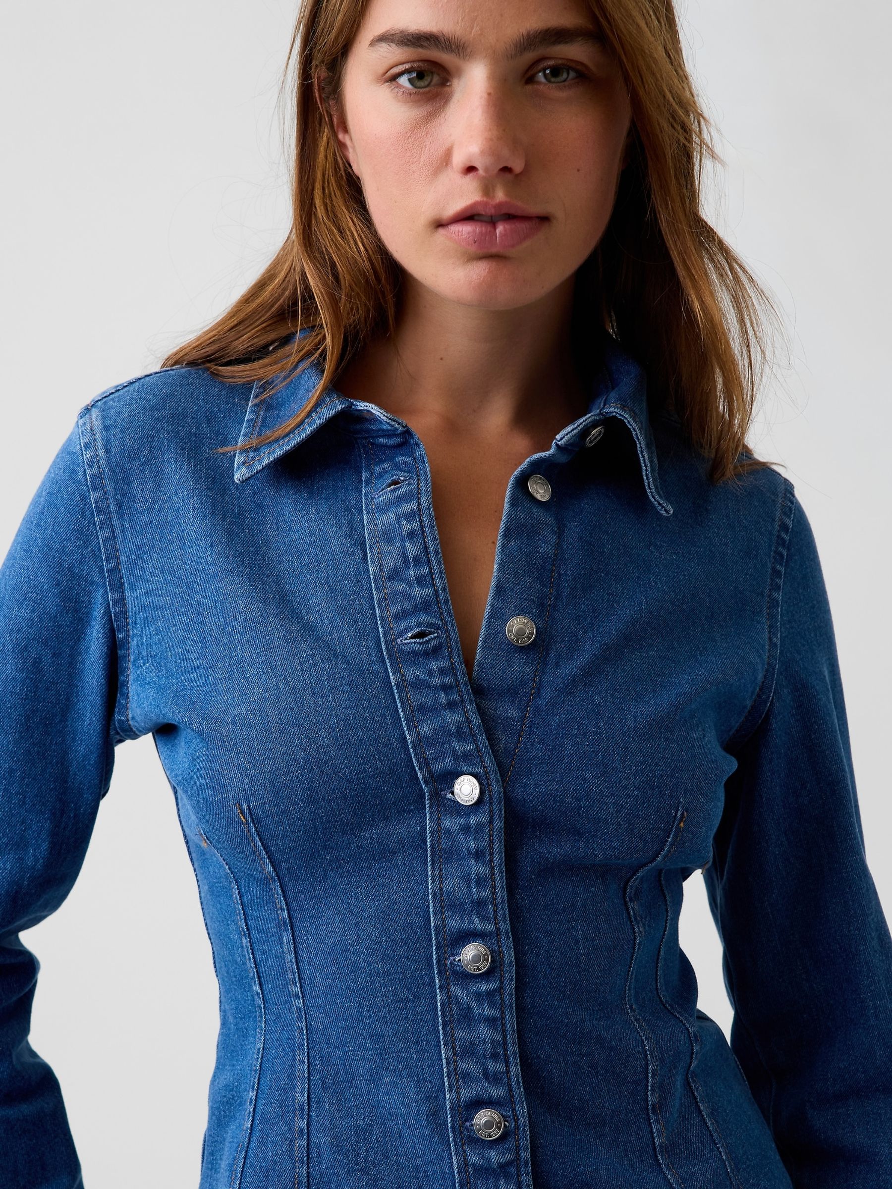 Medium Wash Denim Fitted Shirt - Image 4 of 4 Medium Wash Denim Fitted Shirt - Image 4 of 4