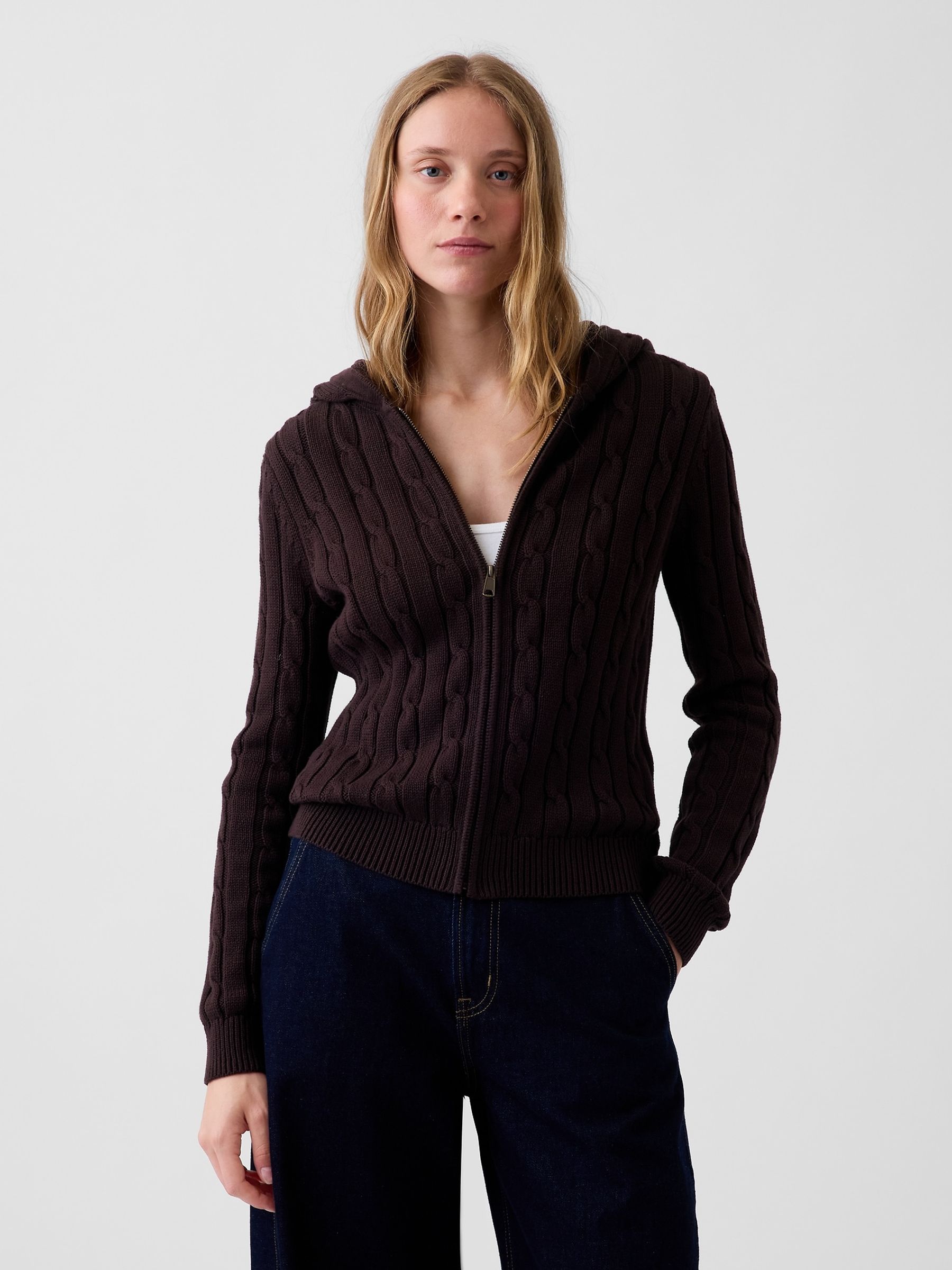 Brown Cable-Knit Zip-Up Cardigan - Image 1 of 4