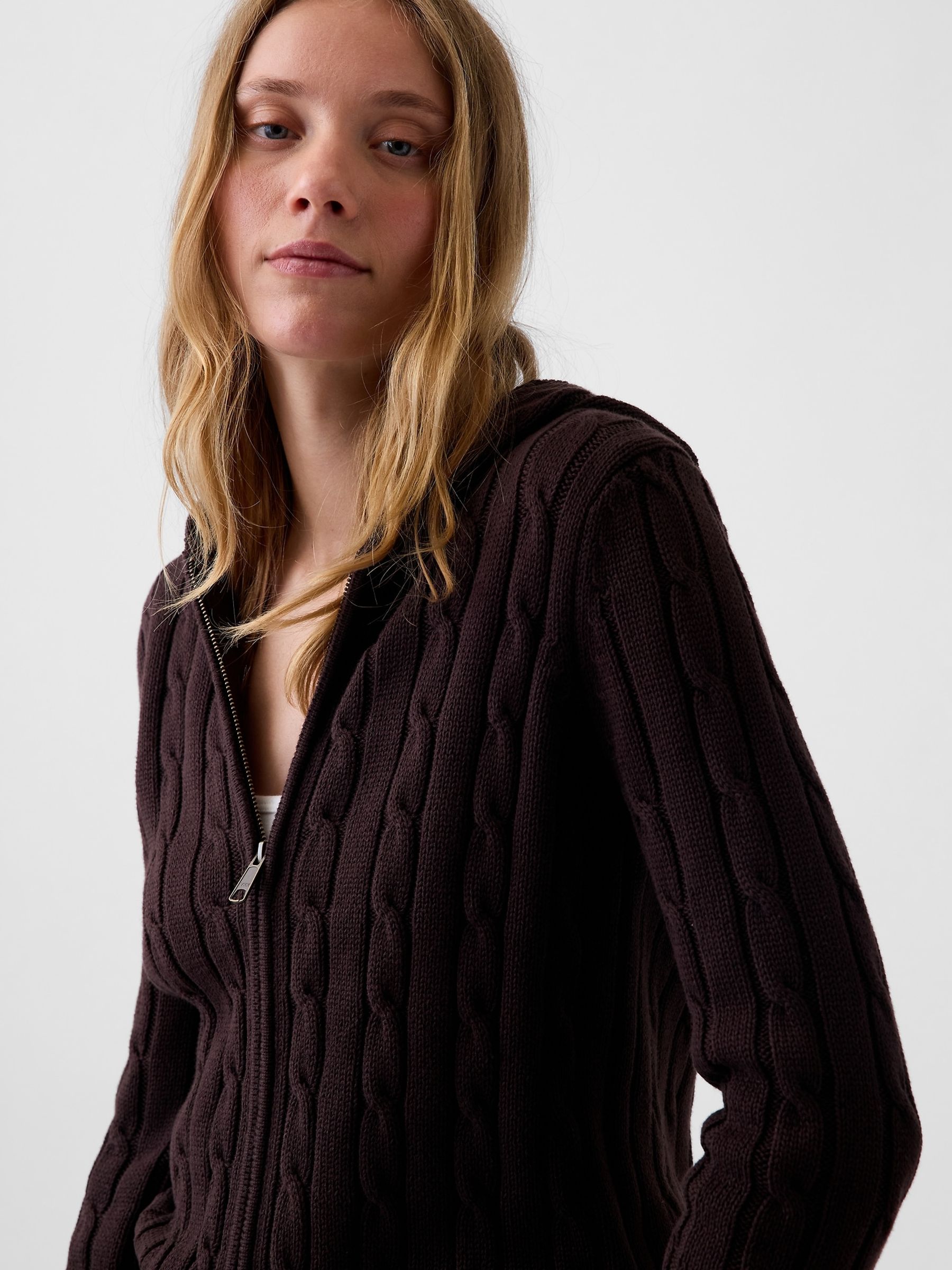 Brown Cable-Knit Zip-Up Cardigan - Image 3 of 4
