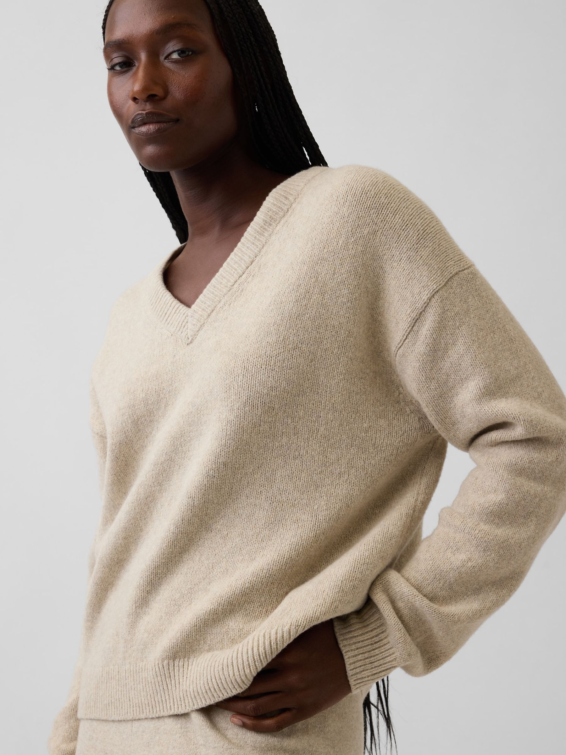 Beige CashSoft Oversized V-Neck Jumper - Image 4 of 4