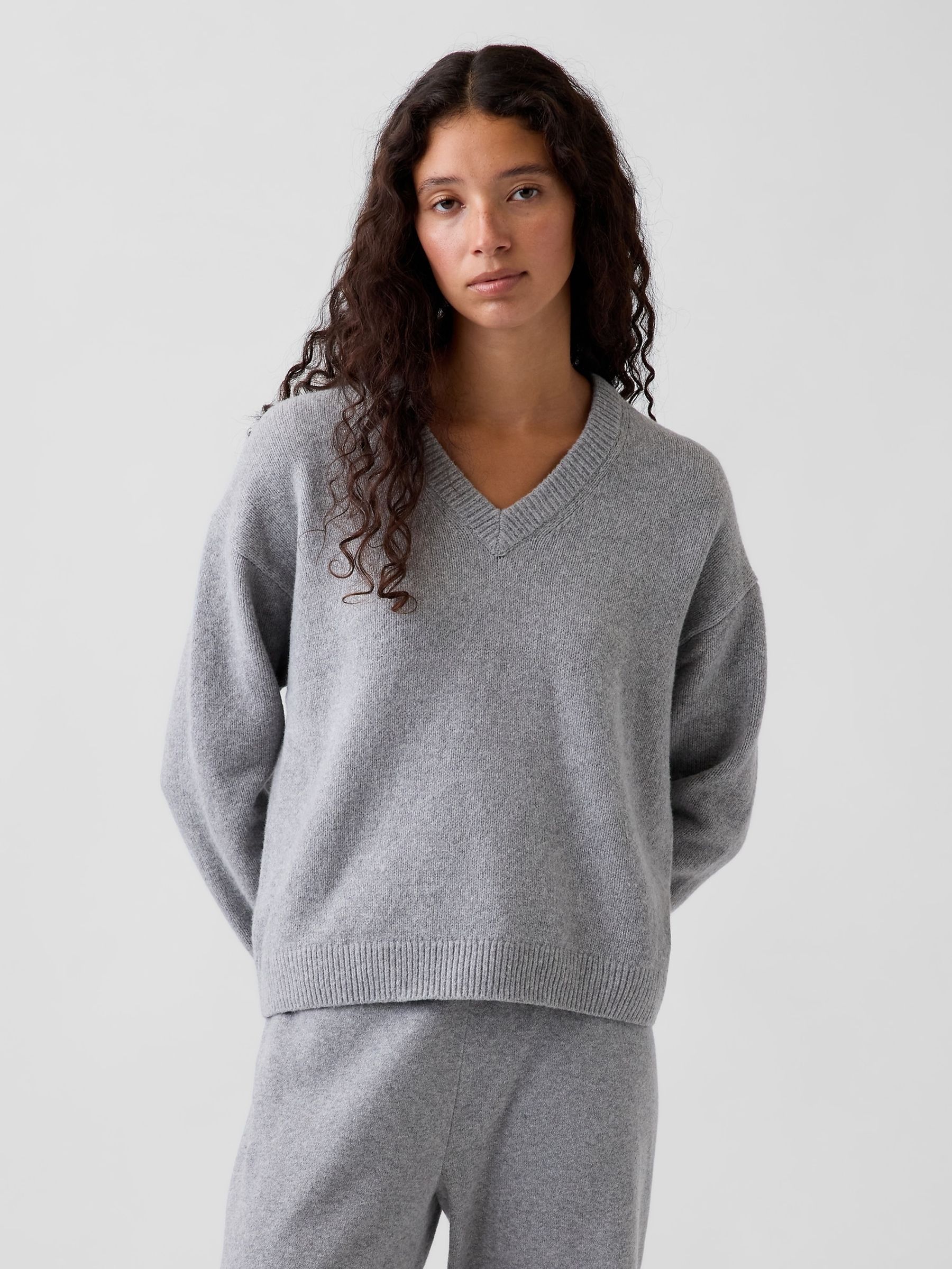 Grey CashSoft Oversized V-Neck Jumper - Image 1 of 5