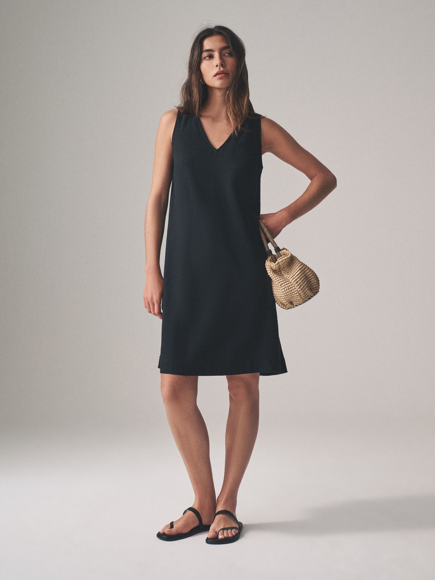 Black/Clay Stripe 2 Pack V-Neck Shift Dress with Linen - Image 1 of 9