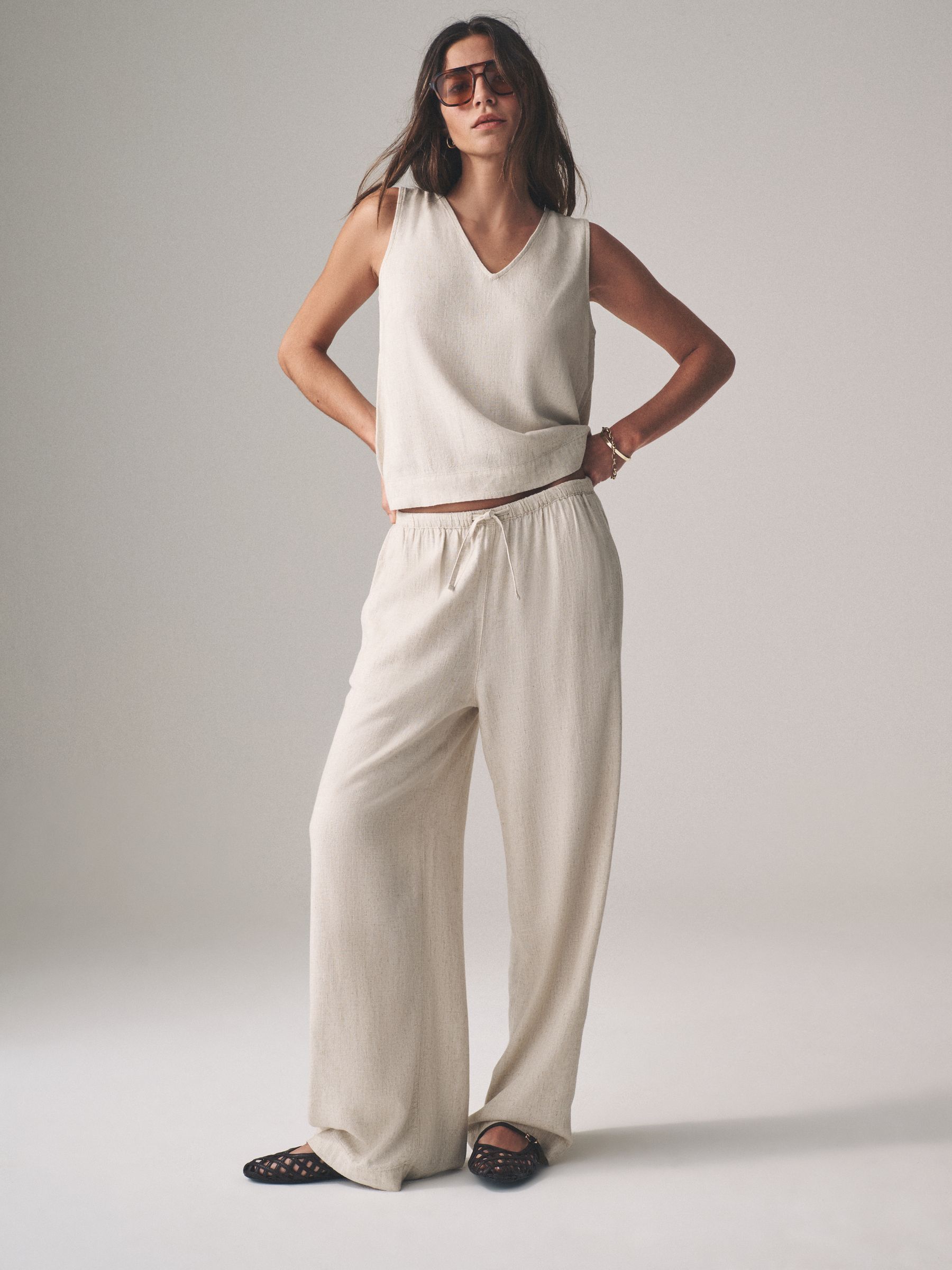 Black/Neutral/Clay Stripe Pull On Wide Leg Trousers 3 Pack With Linen - Image 1 of 14