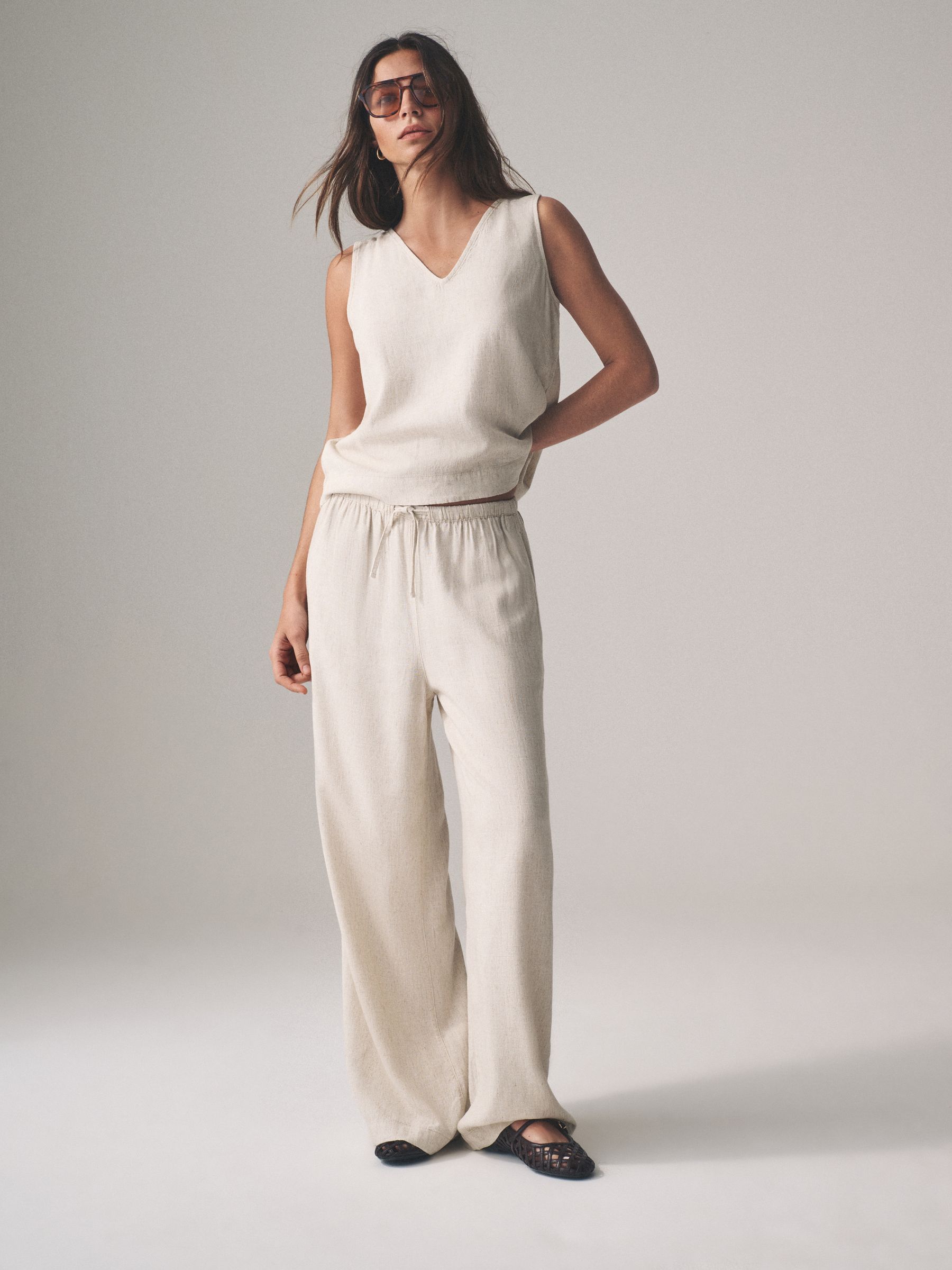 Black/Neutral/Clay Stripe Pull On Wide Leg Trousers 3 Pack With Linen - Image 3 of 14