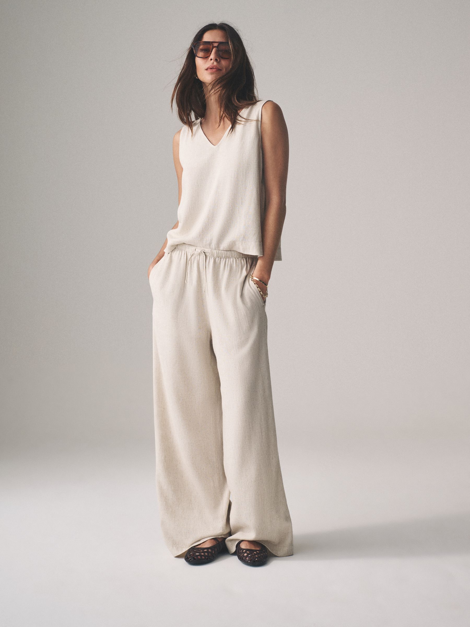 Black/Neutral/Clay Stripe Pull On Wide Leg Trousers 3 Pack With Linen - Image 4 of 14