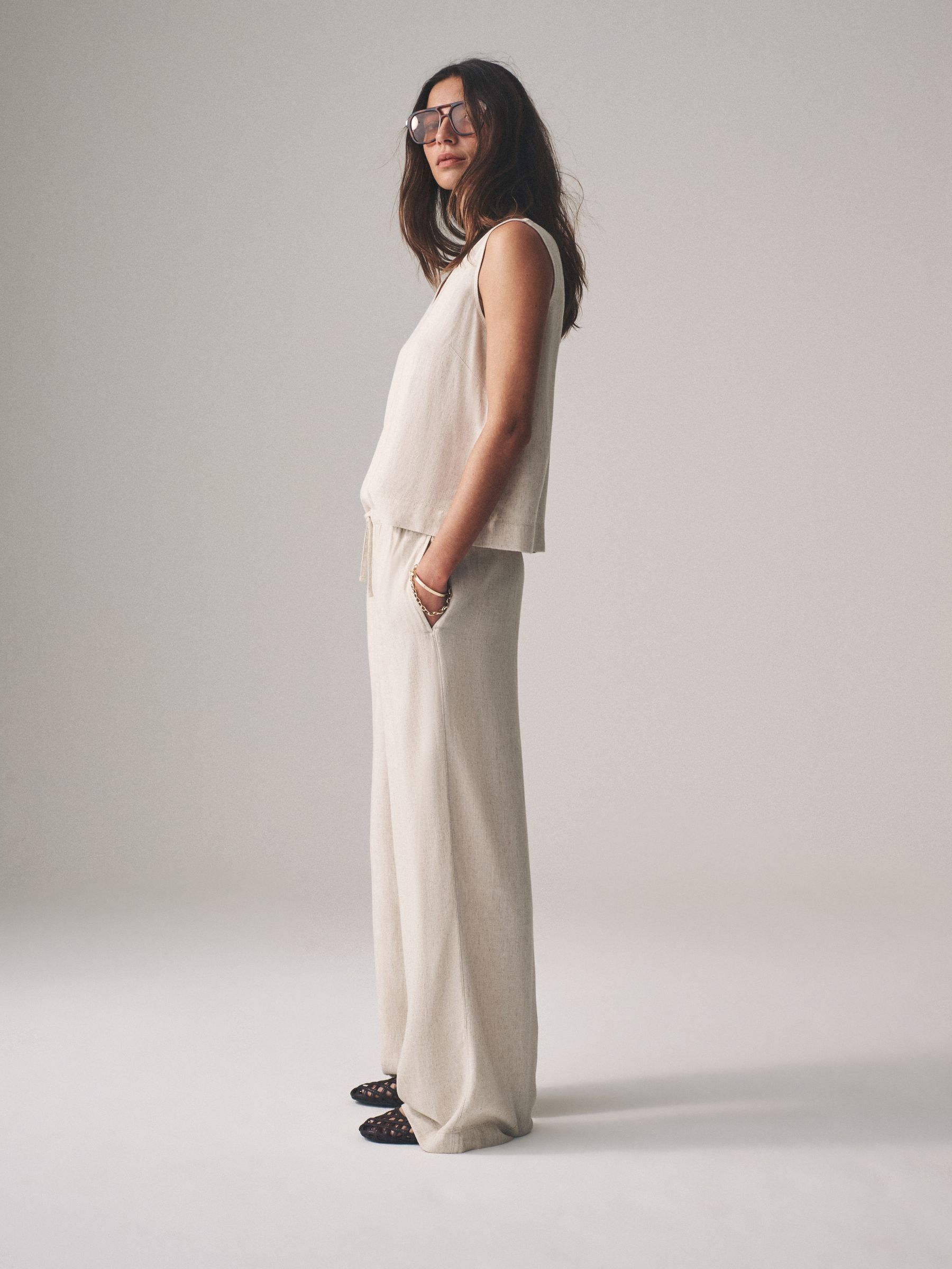 Black/Neutral/Clay Stripe Pull On Wide Leg Trousers 3 Pack With Linen - Image 5 of 14