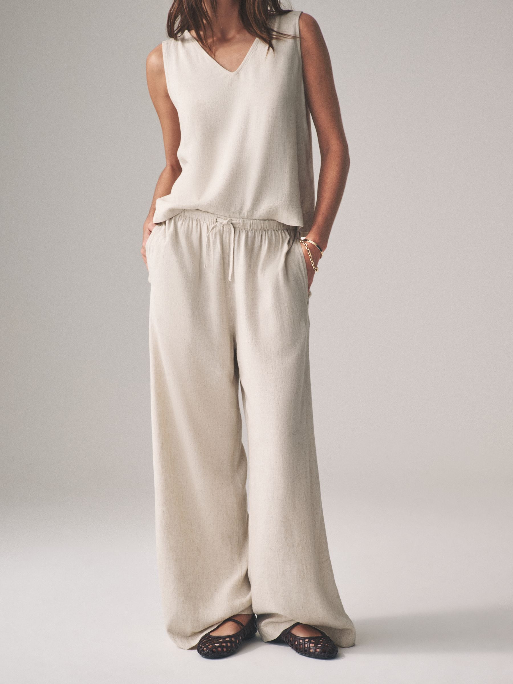 Black/Neutral/Clay Stripe Pull On Wide Leg Trousers 3 Pack With Linen - Image 9 of 14