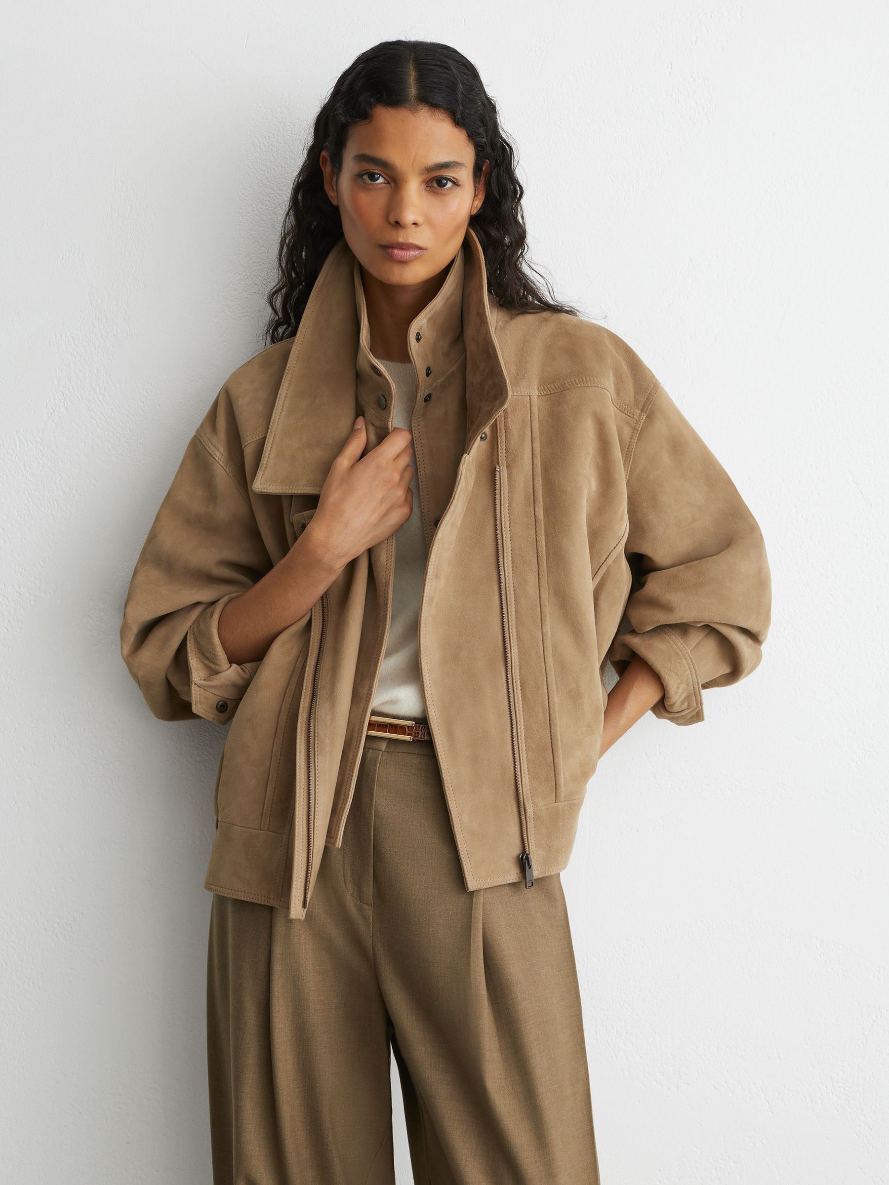 Petite Suede Double-Layer Relaxed-Fit Jacket in Neutral - Image 1 of 10