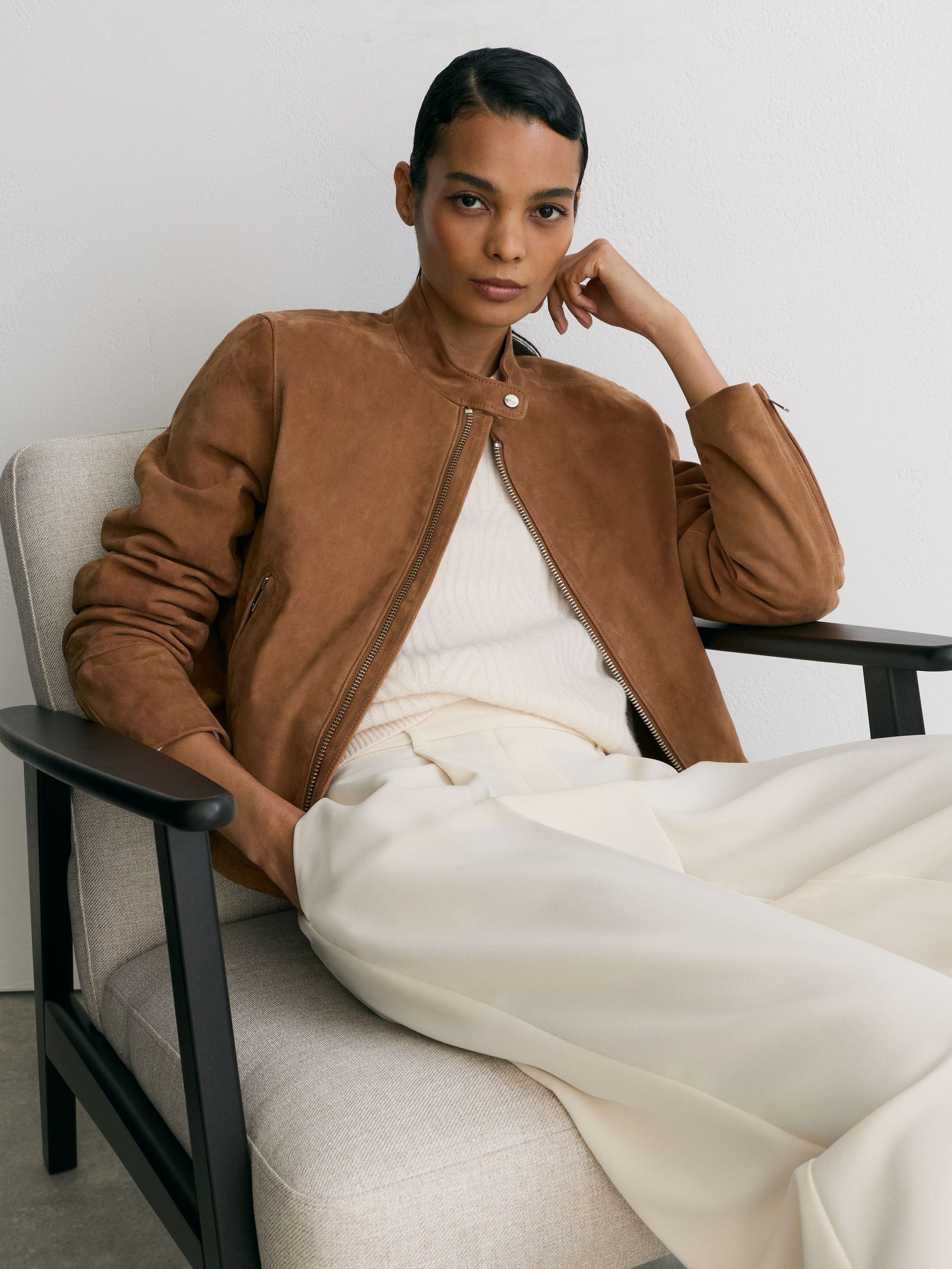 Petite Suede Stand-Collar Jacket in Cognac Brown - Image 1 of 9