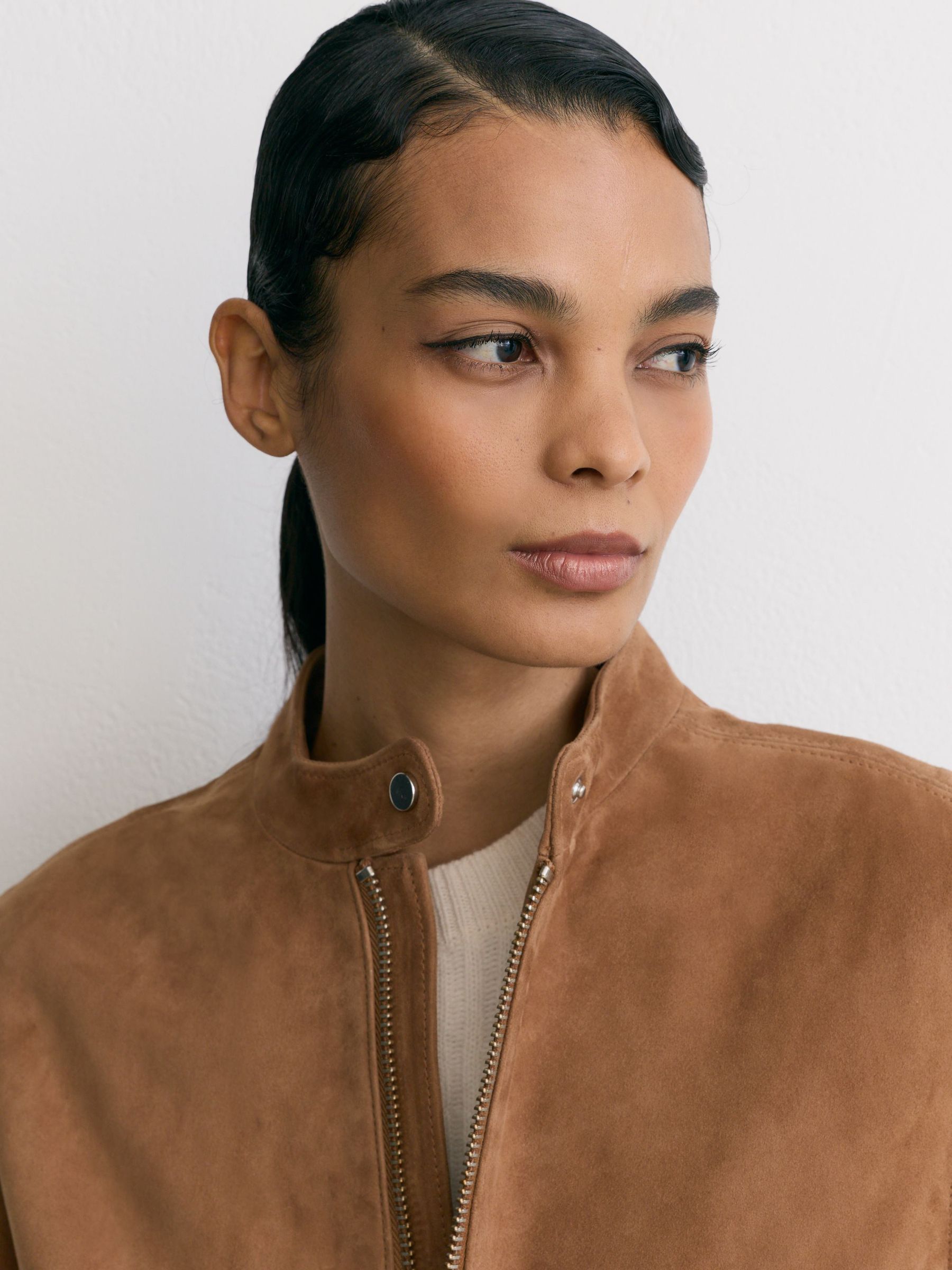 Petite Suede Stand-Collar Jacket in Cognac Brown - Image 4 of 9