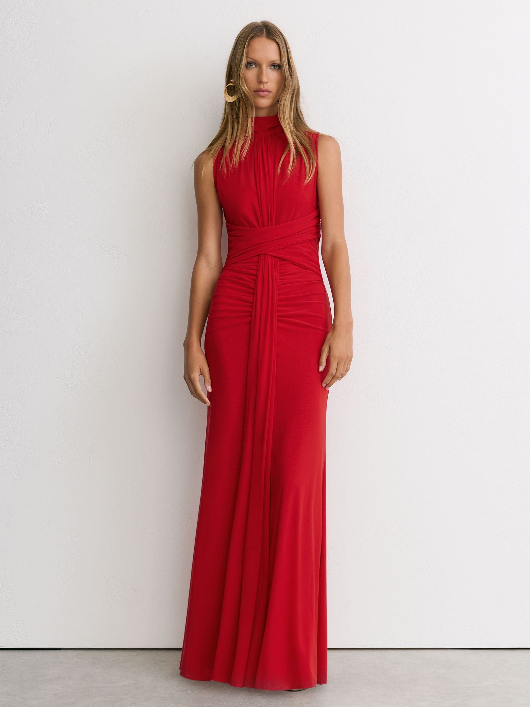 Sheer Ruched Sleeveless Maxi Dress in Red - Image 3 of 7