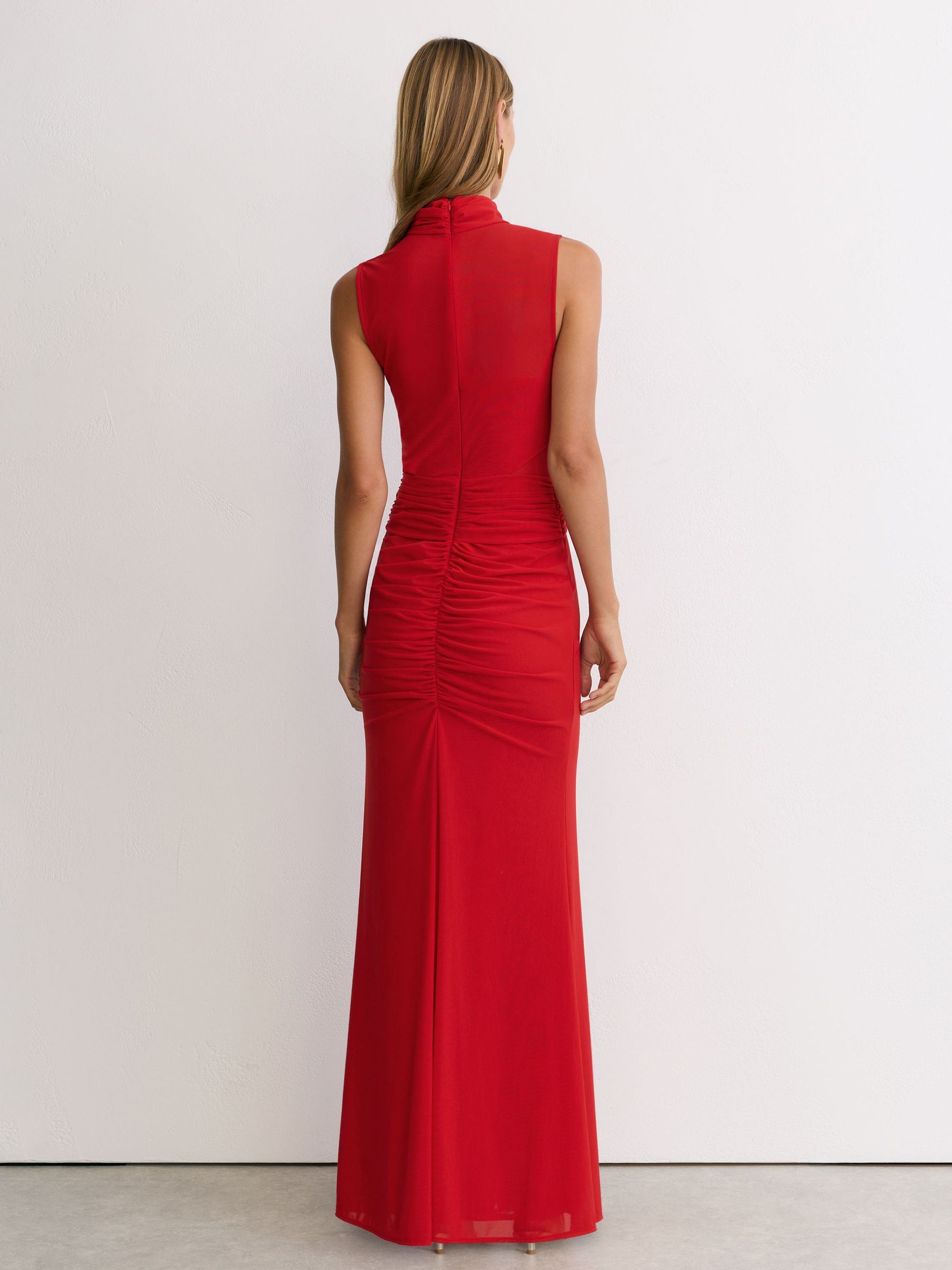 Sheer Ruched Sleeveless Maxi Dress in Red - Image 6 of 7