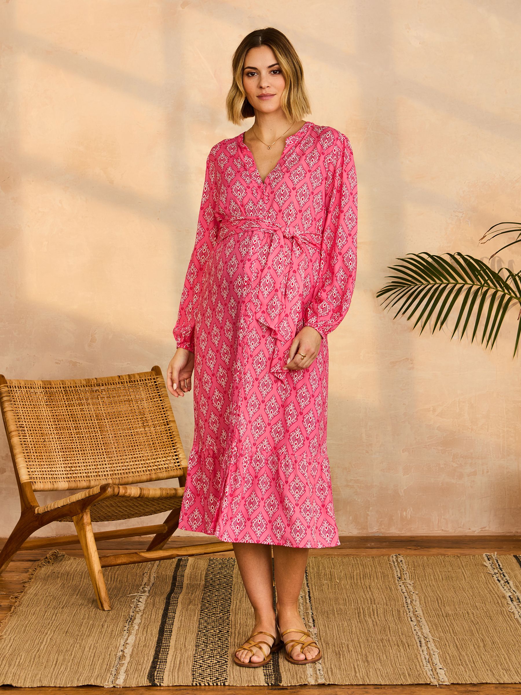 Pink Button Through Maternity Midi Dress With Tie - Image 1 of 4