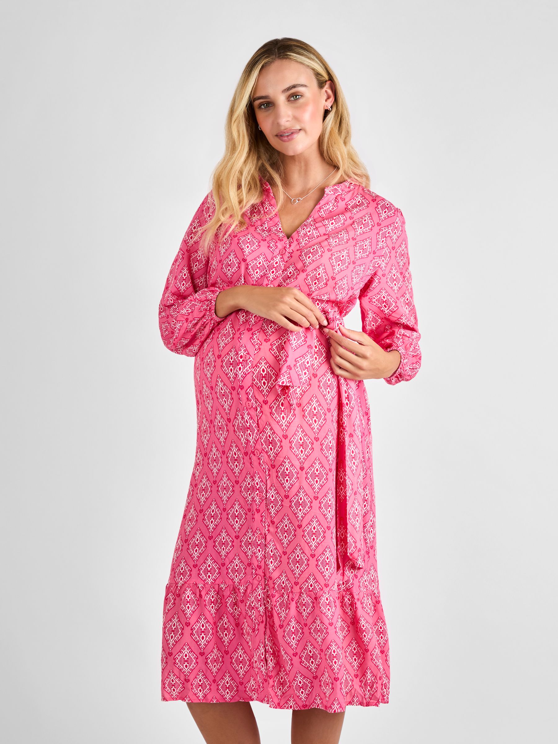 Pink Button Through Maternity Midi Dress With Tie - Image 2 of 4