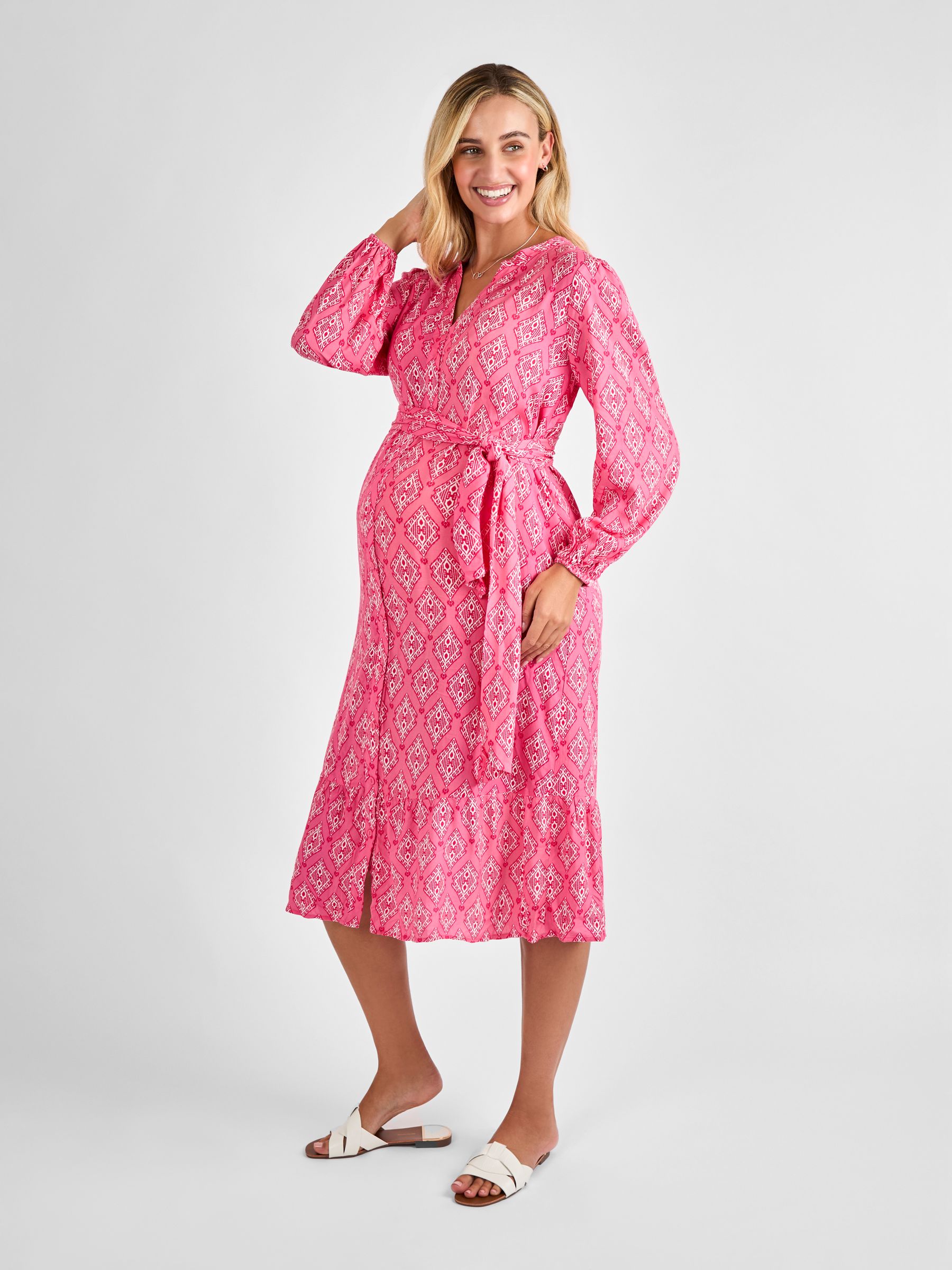 Pink Button Through Maternity Midi Dress With Tie - Image 4 of 4
