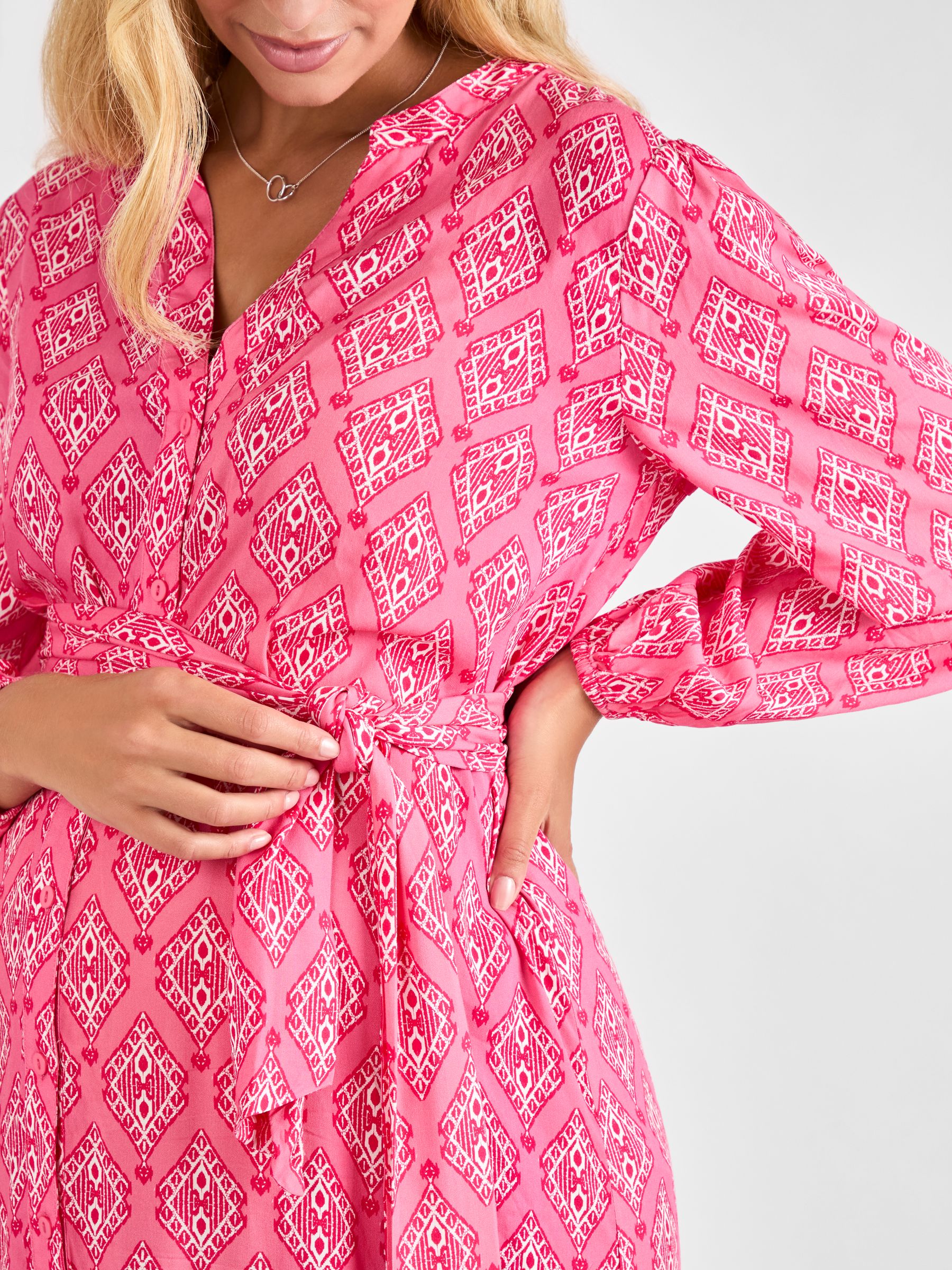 Pink Button Through Maternity Midi Dress With Tie - Image 5 of 5