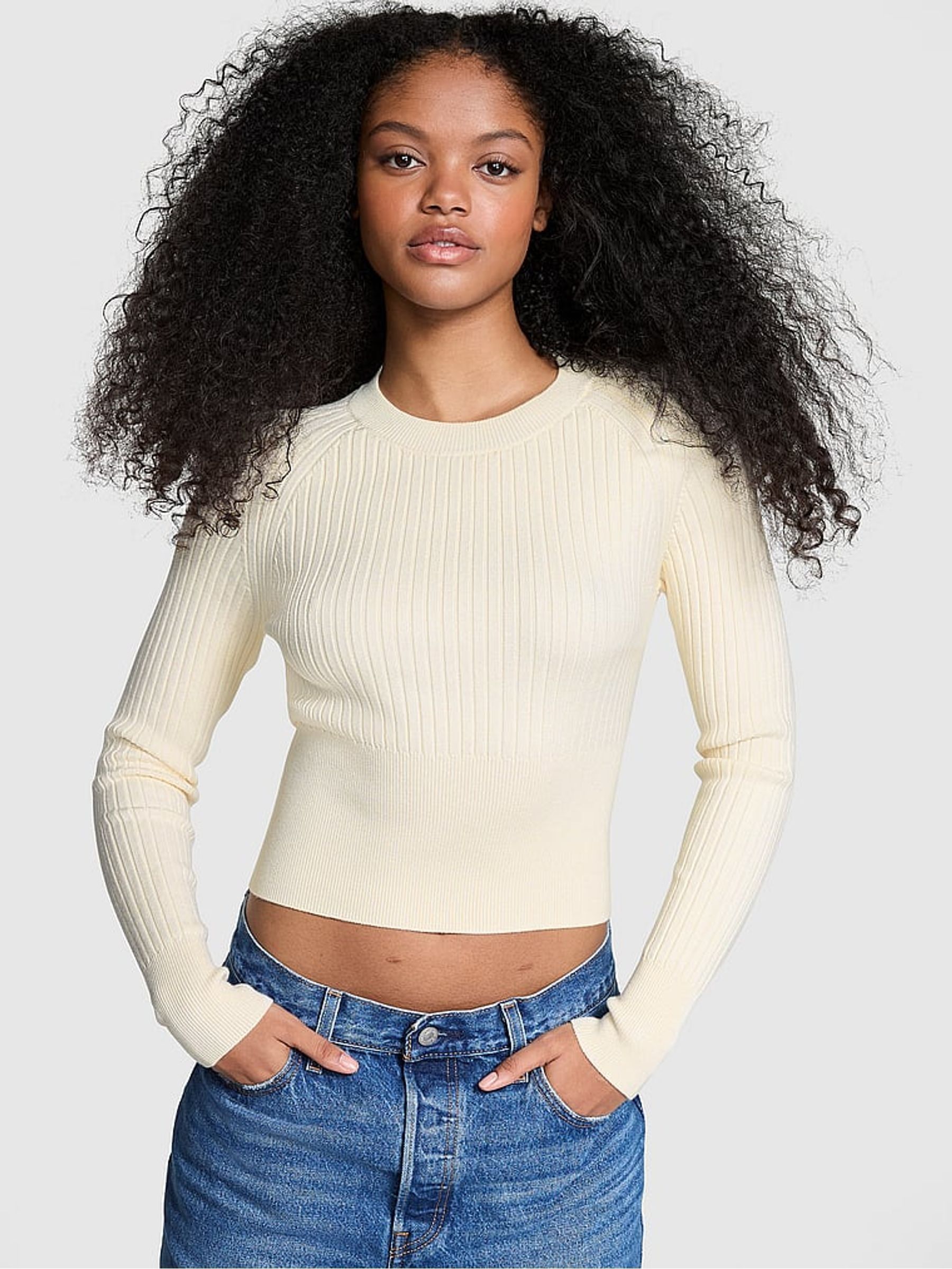 White Shell Ribbed Knit Long Sleeve Top - Image 1 of 3